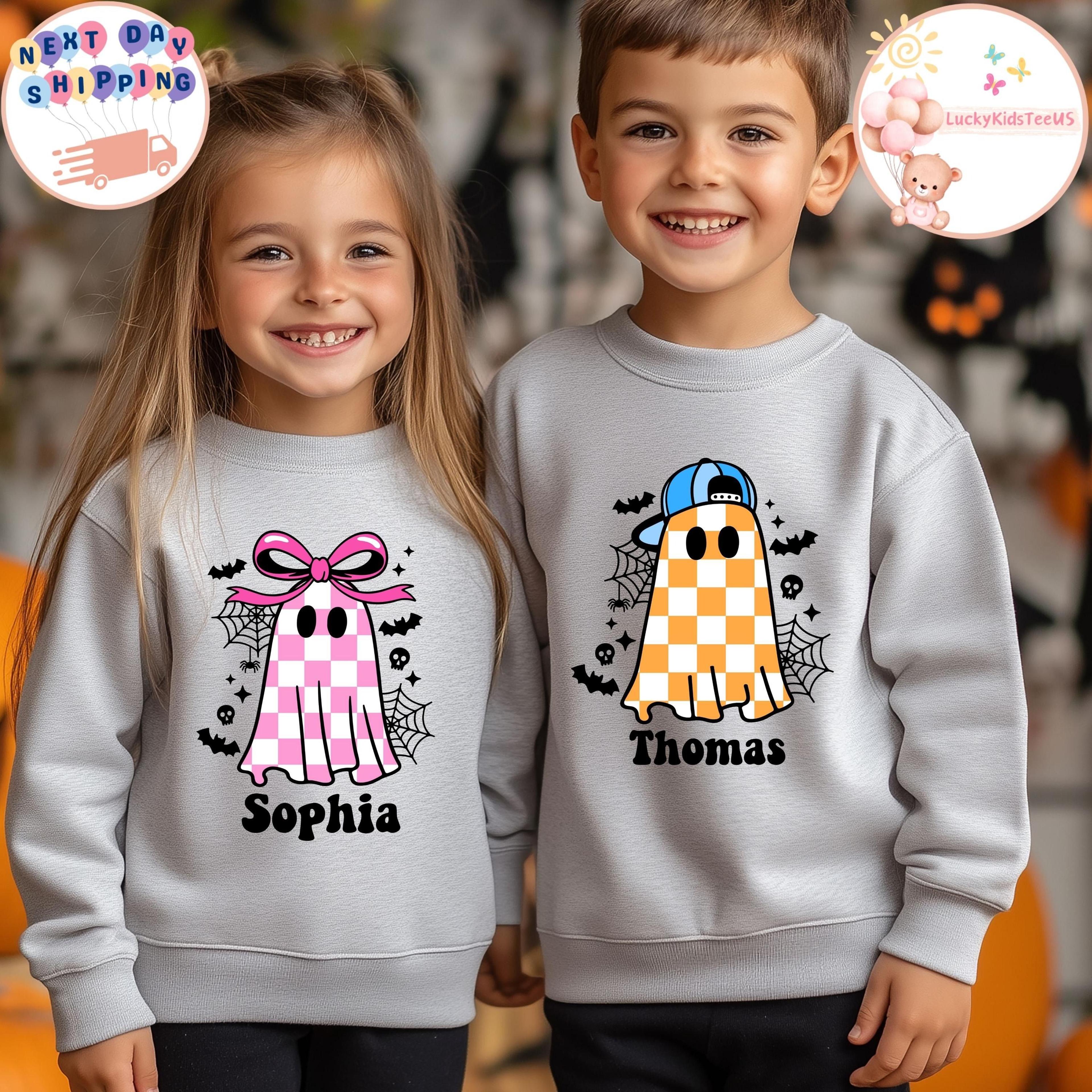 personalized ghost sibling shirts, matching halloween kids sweatshirts, custom name ghost shirts, brother sister fall