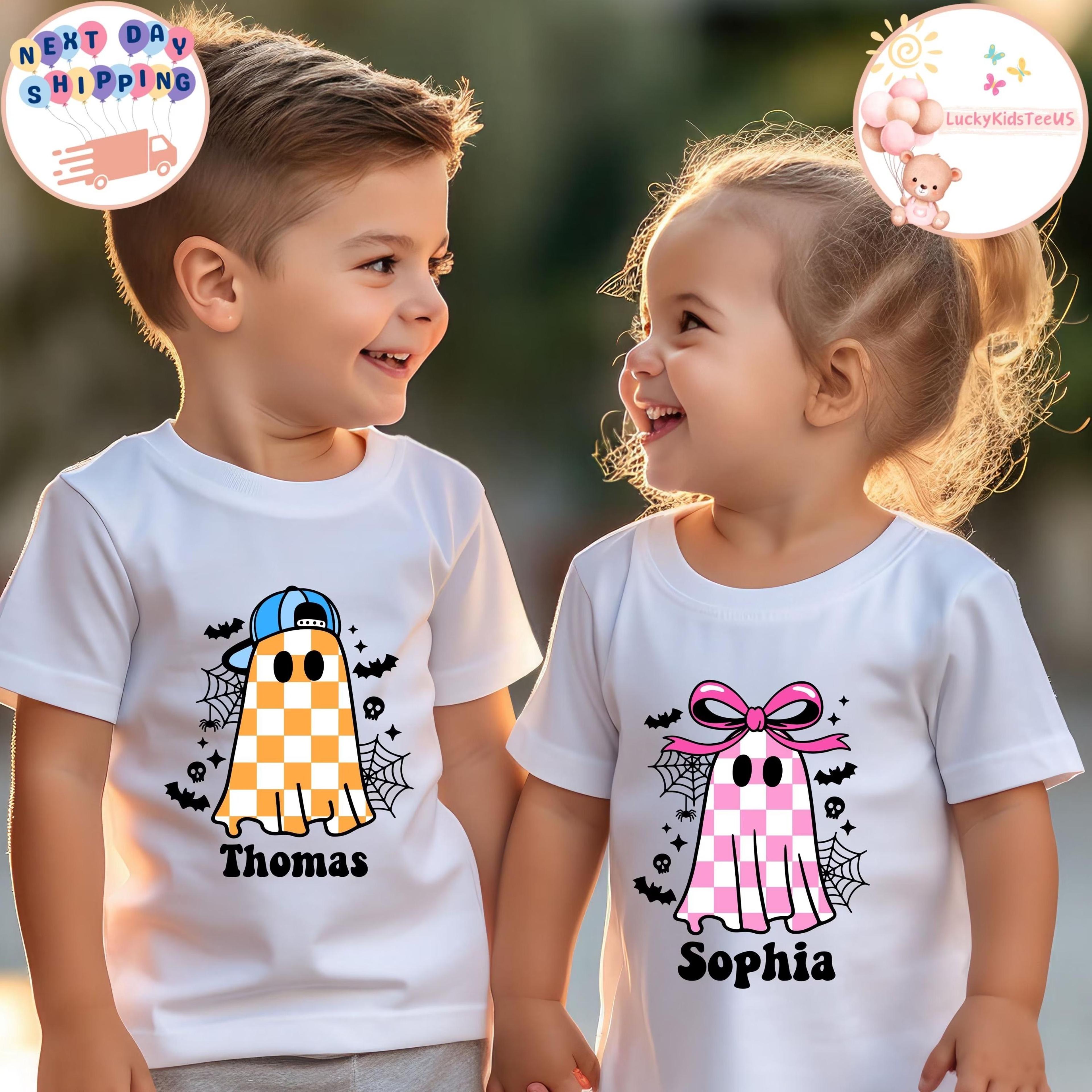 personalized ghost sibling sweatshirt, matching halloween kids shirts, custom name ghost crewneck, brother sister spooky