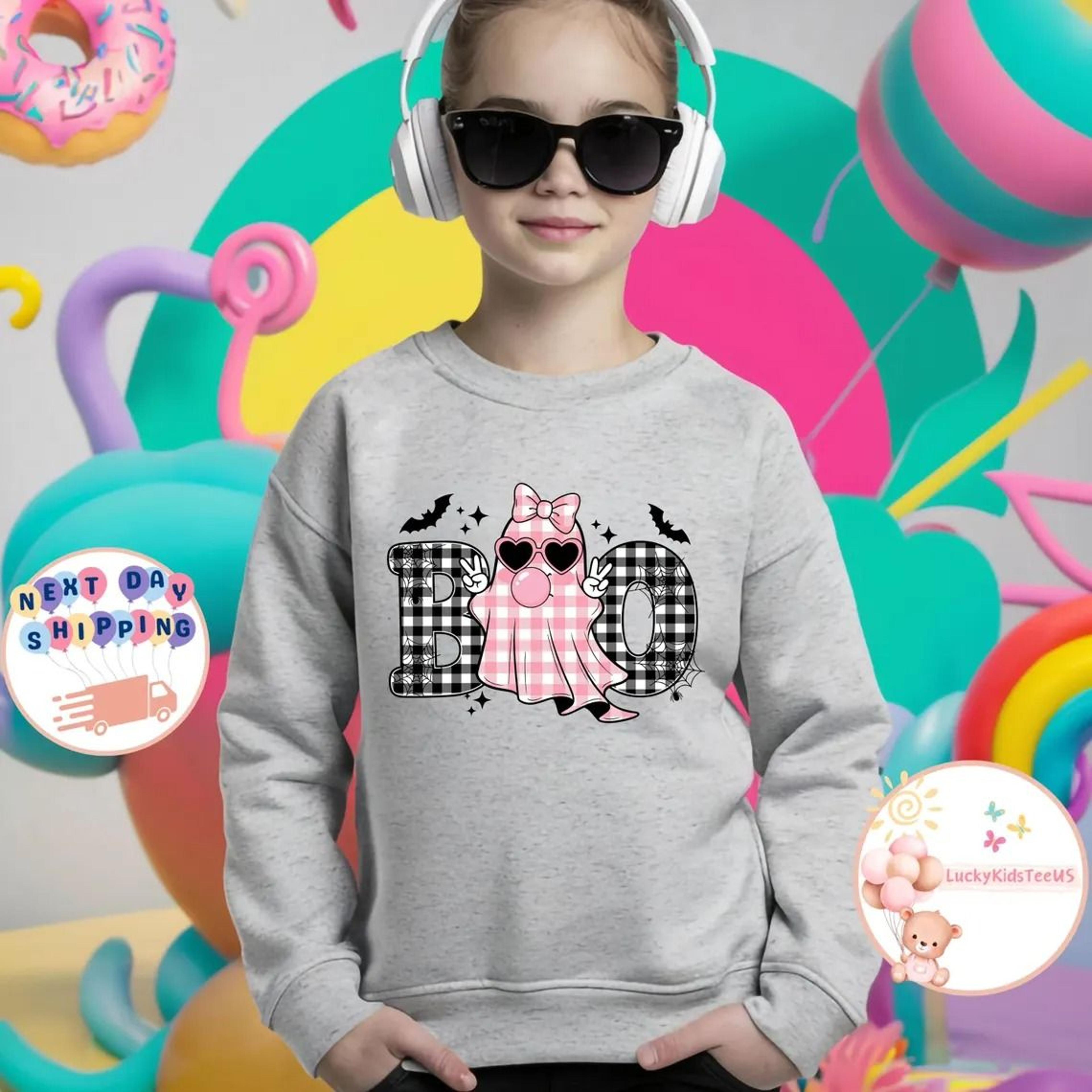 cute pink ghost halloween shirt for girls, coquette boo kids sweatshirt, toddler spooky season outfit, trendy ghost hall