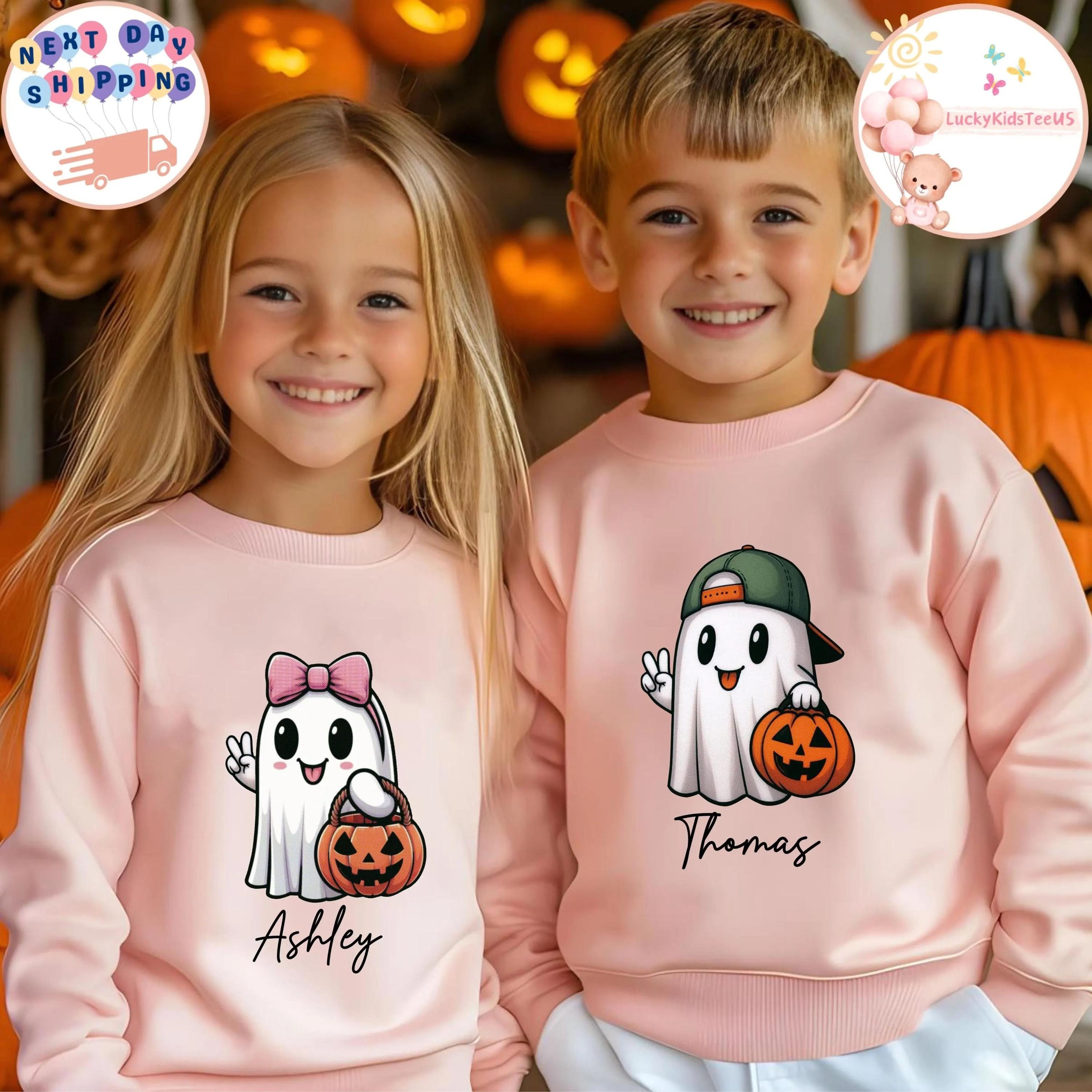 personalized halloween sibling sweatshirts, custom ghost kids shirts, brother sister matching halloween outfit, toddler