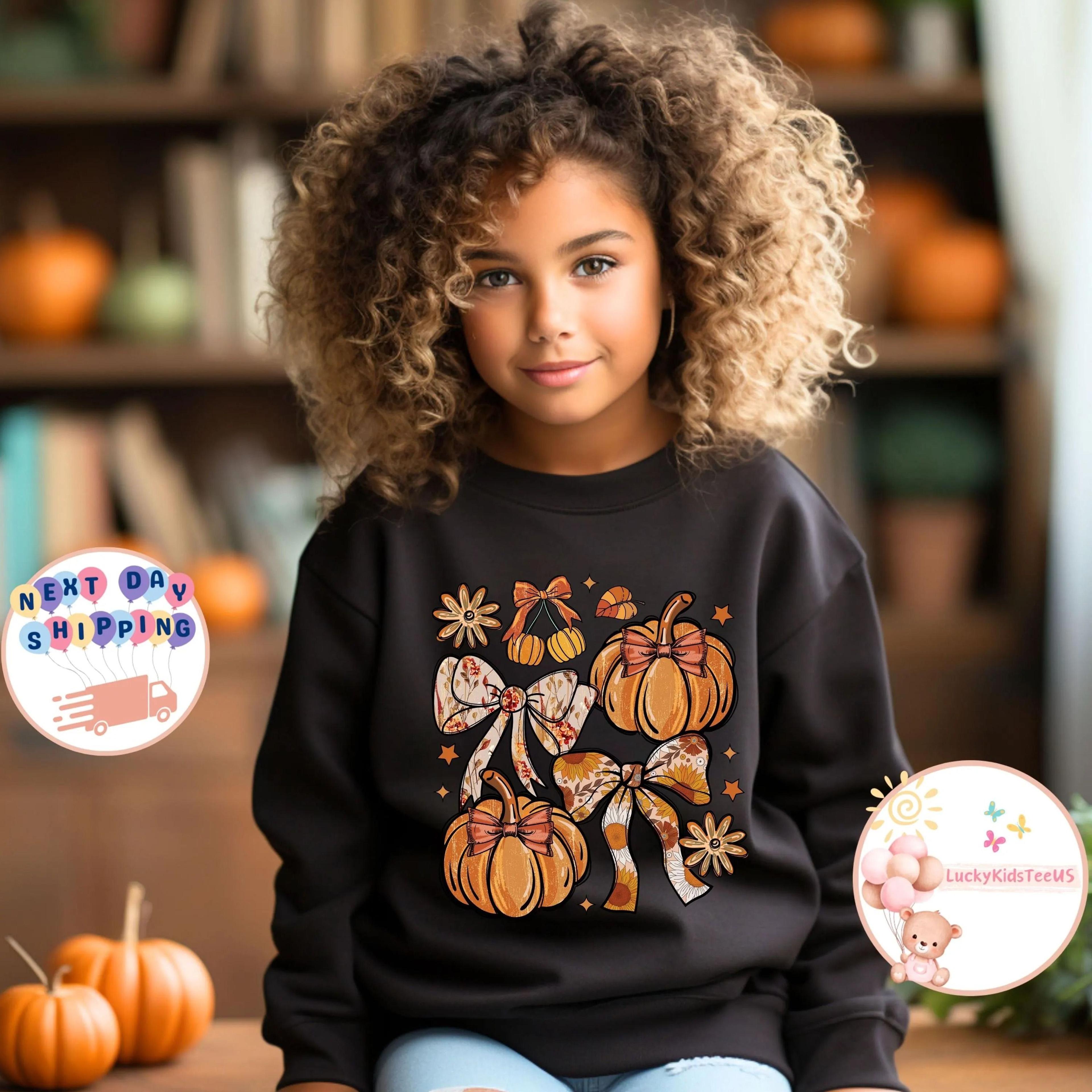 coquette pumpkin bow shirt for girls, cute fall pumpkin tee, toddler autumn outfit, boho thanksgiving shirt, little girl
