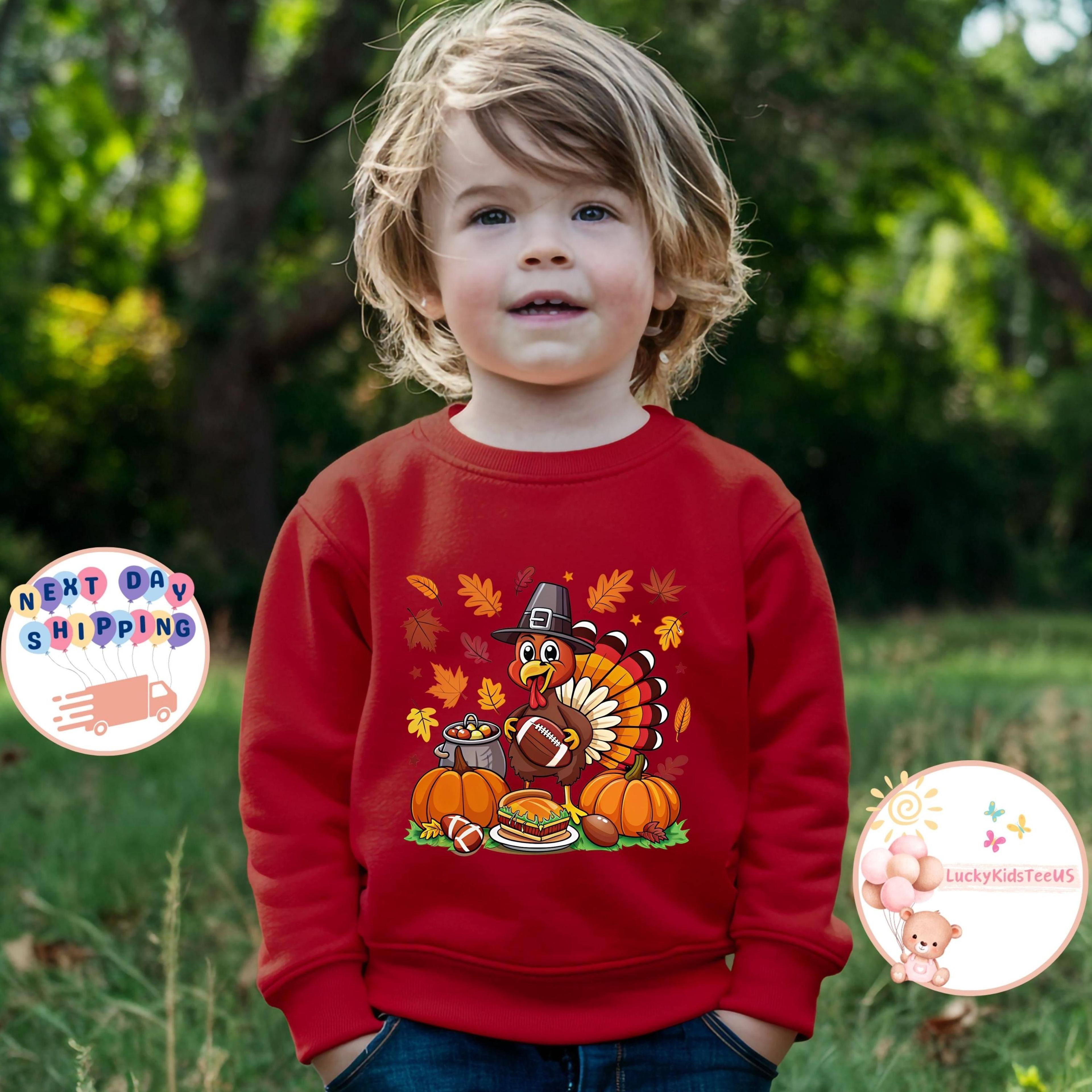 kids thanksgiving turkey sweatshirt, turkey football shirt for boys, cute fall kids outfit, thanksgiving day sweatshirt