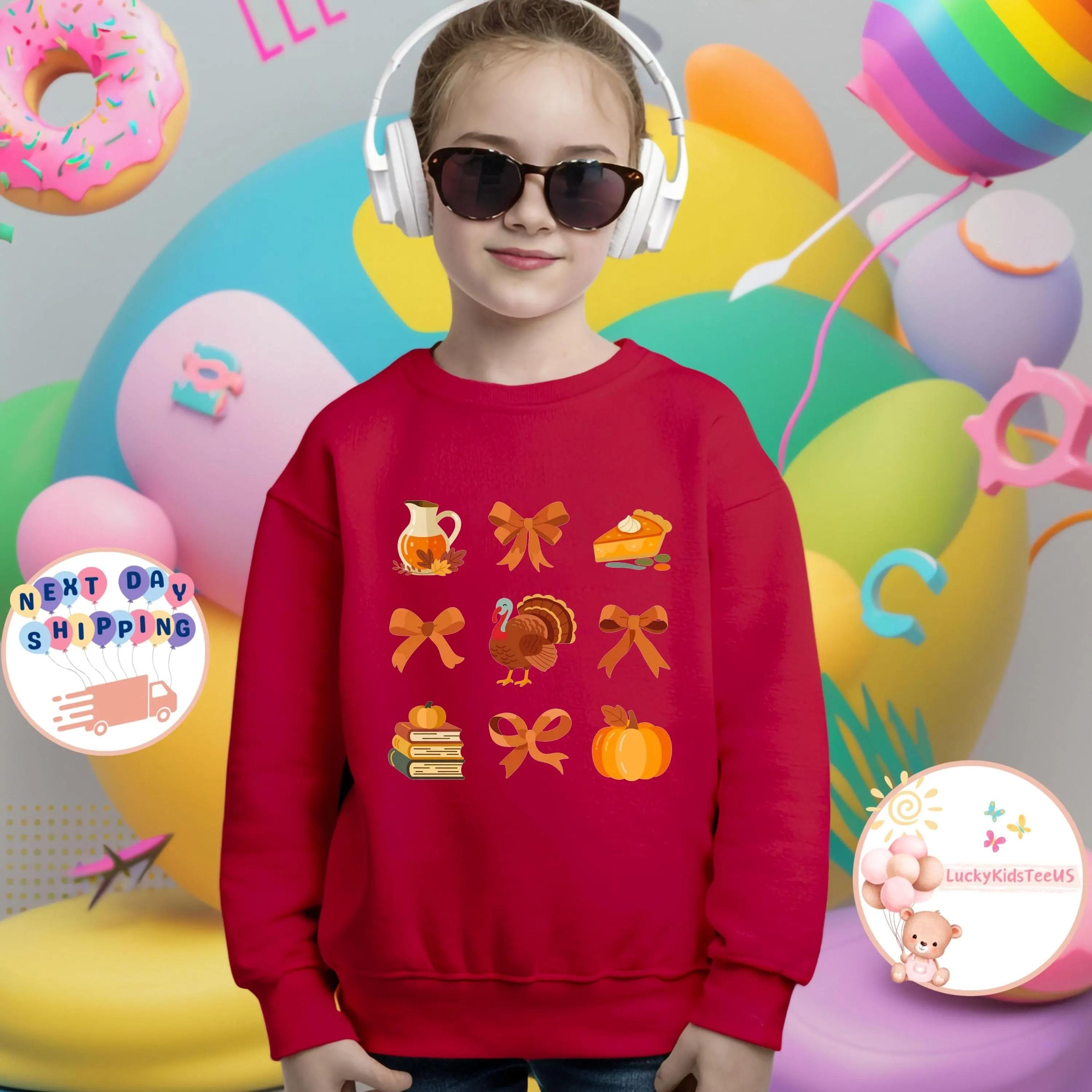 kids thanksgiving sweatshirt, cute turkey pumpkin pie shirt, fall coquette bows sweatshirt, thanksgiving outfit for girl