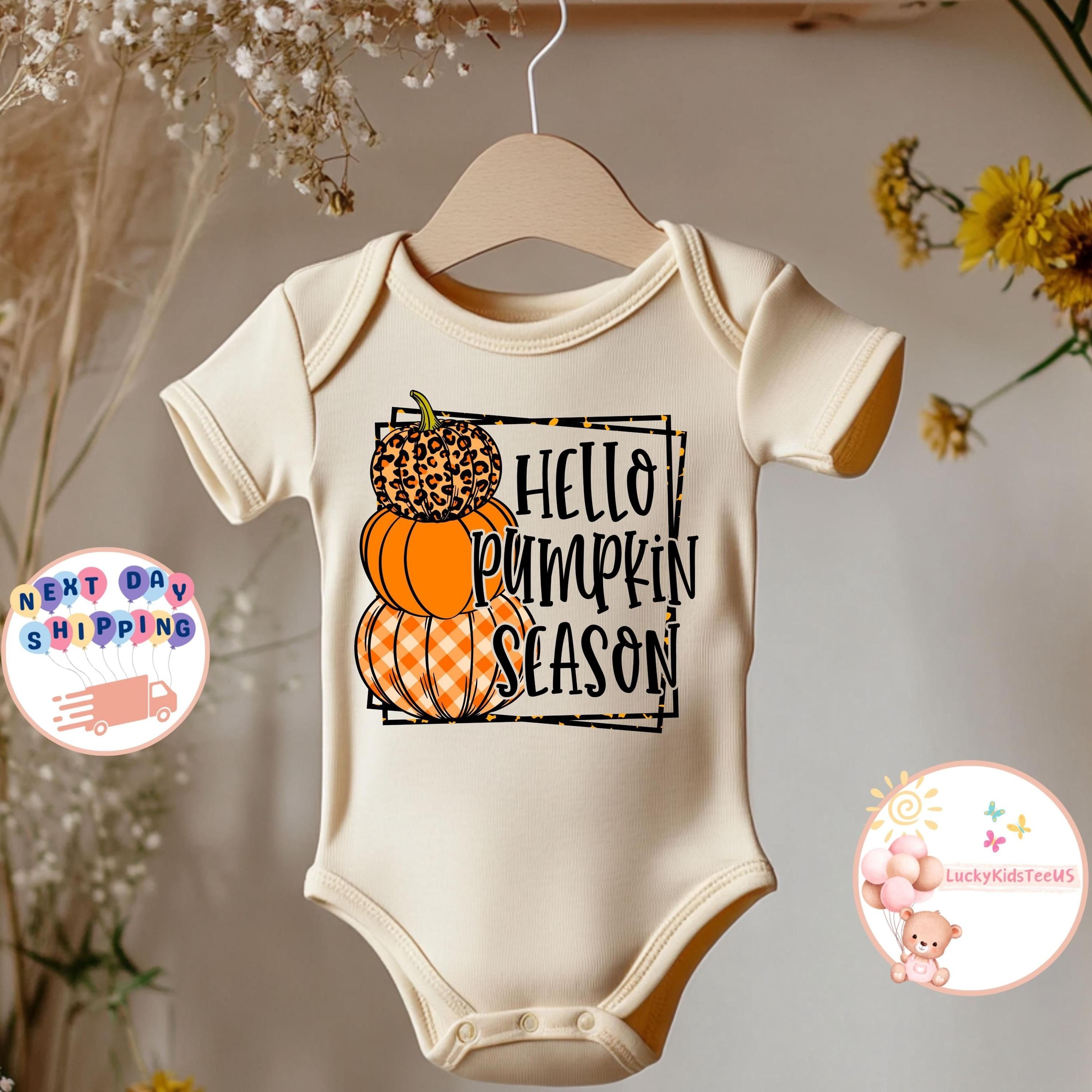 hello pumpkin season baby bodysuit, fall baby outfit, pumpkin patch baby onesie, thanksgiving baby clothes