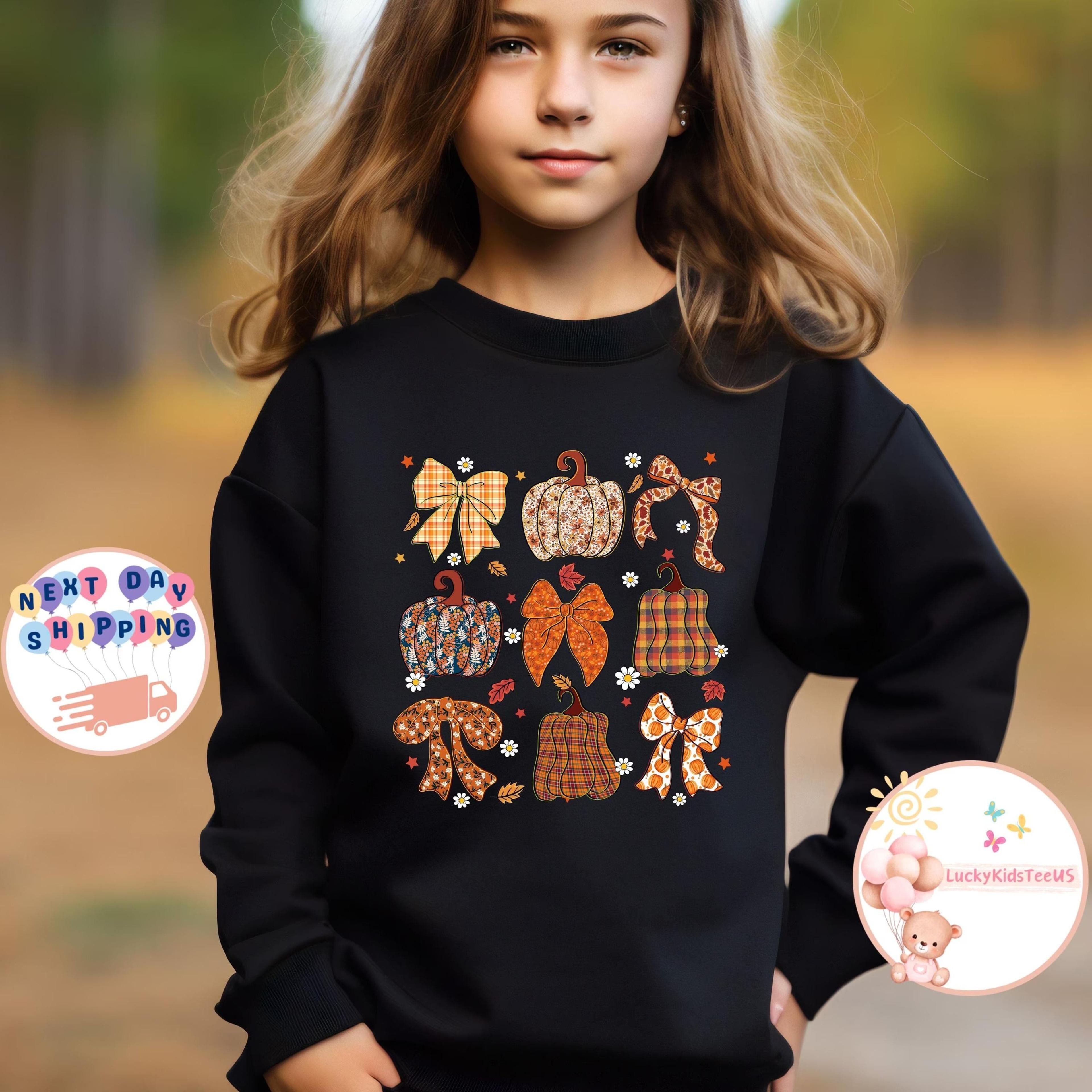 coquette pumpkin bow kids sweatshirt, fall girls pullover, thanksgiving kids shirt, cute autumn pumpkin outfit