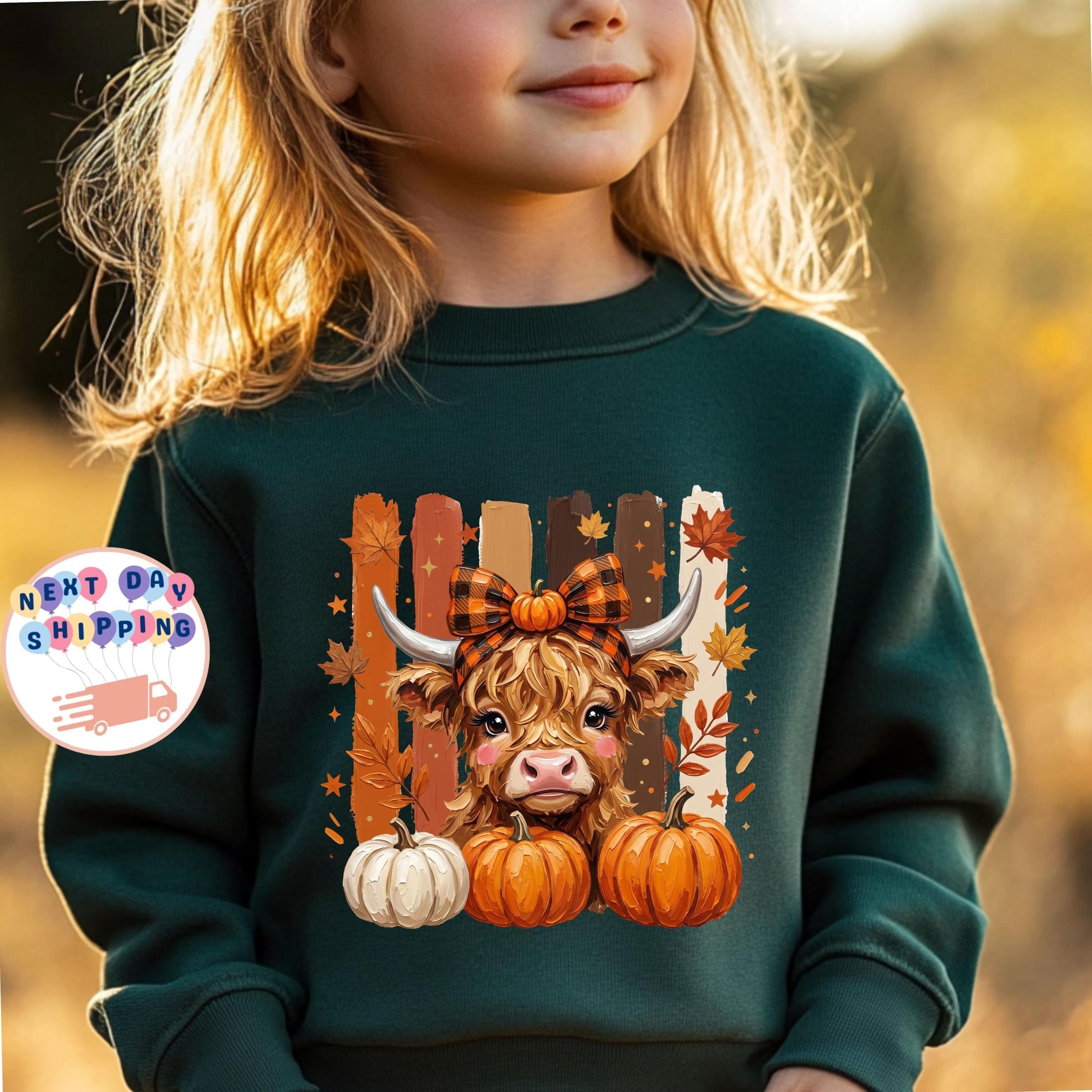 highland cow pumpkin kids sweatshirt, cute fall cow shirt, thanksgiving toddler pullover, pumpkin patch kids outfit, aut