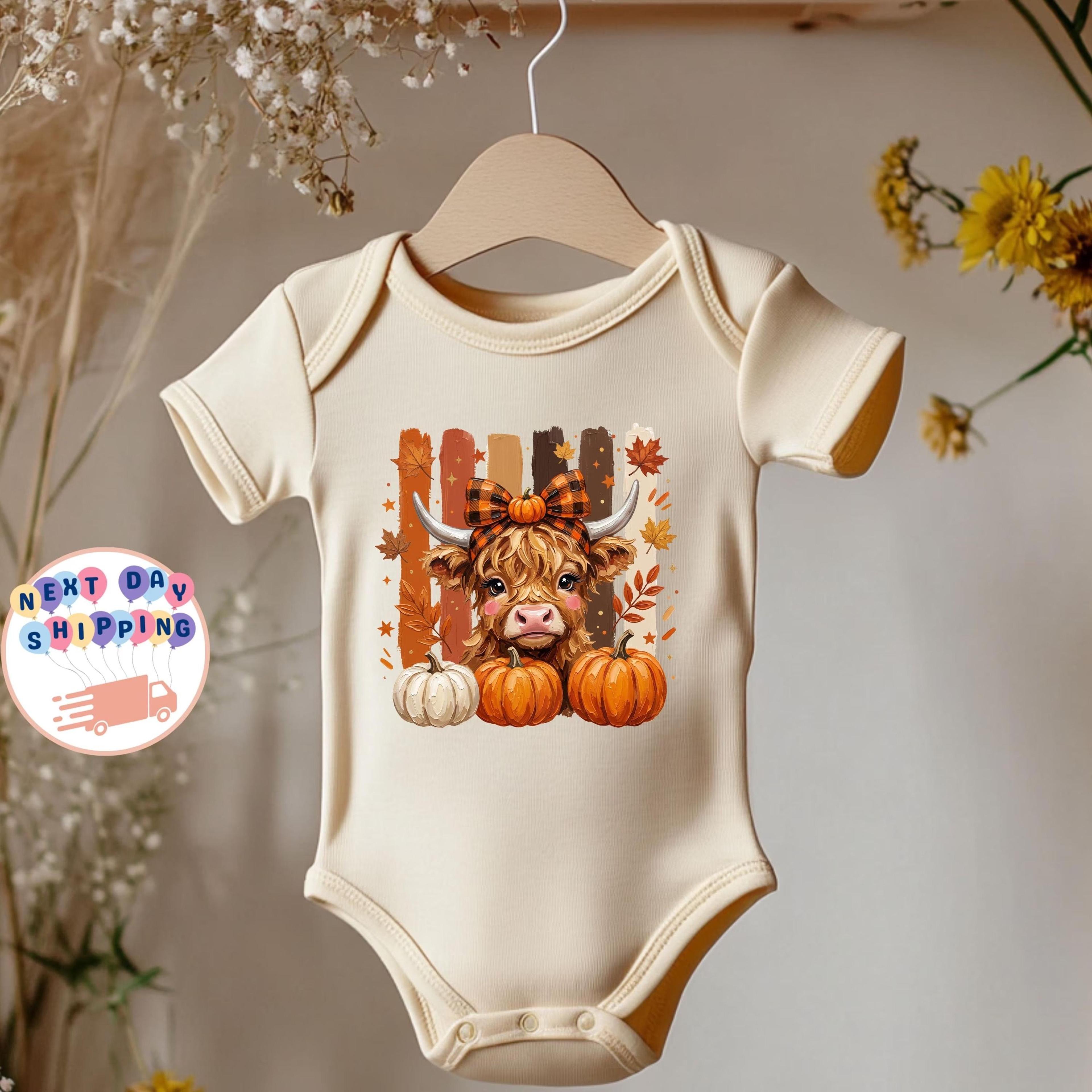 highland cow pumpkin baby bodysuit, fall baby outfit, cute cow halloween onesie, thanksgiving baby clothes, pumpkin patc