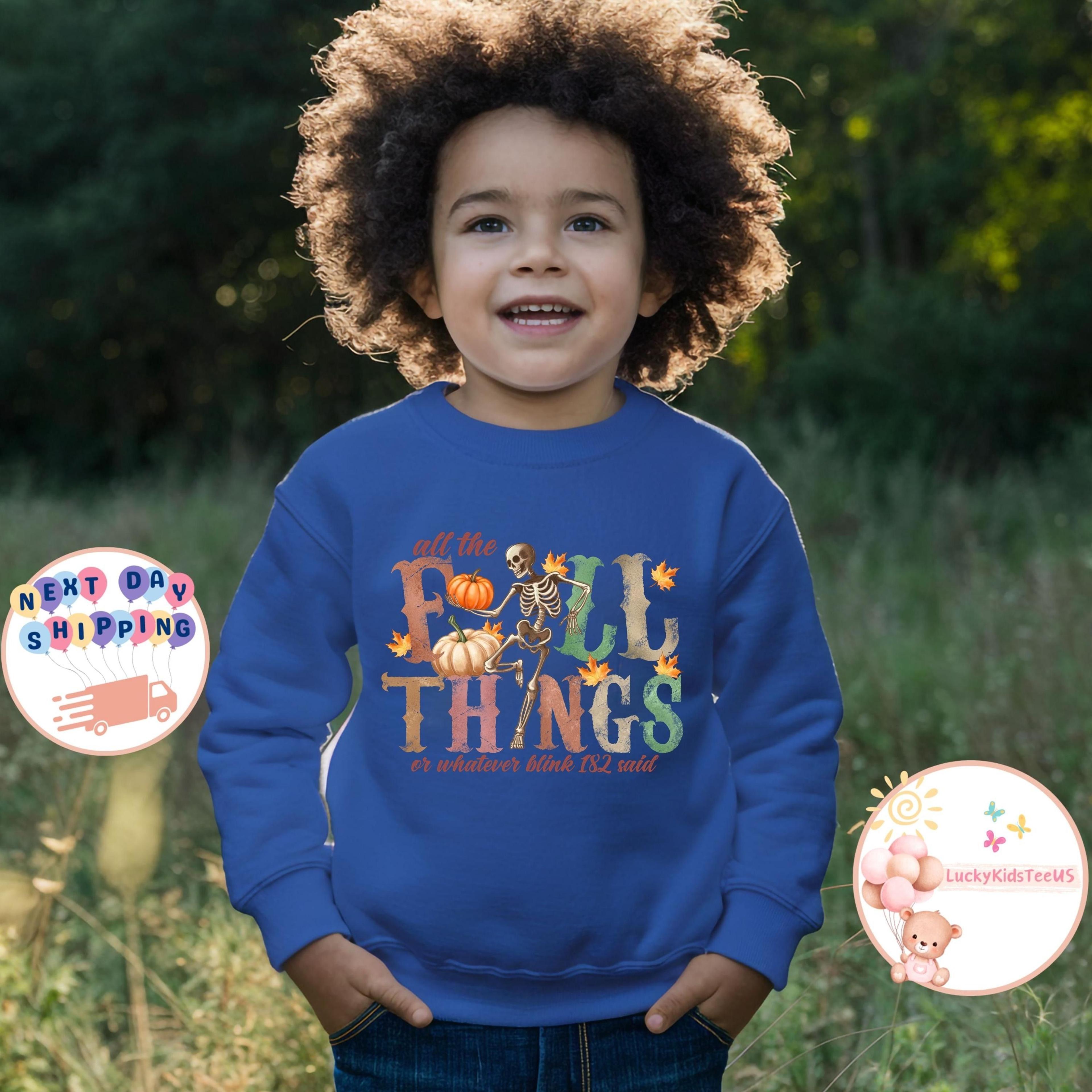 all the fall things kids sweatshirt, funny halloween shirt for kids, skeleton pumpkin sweatshirt, cute autumn graphic