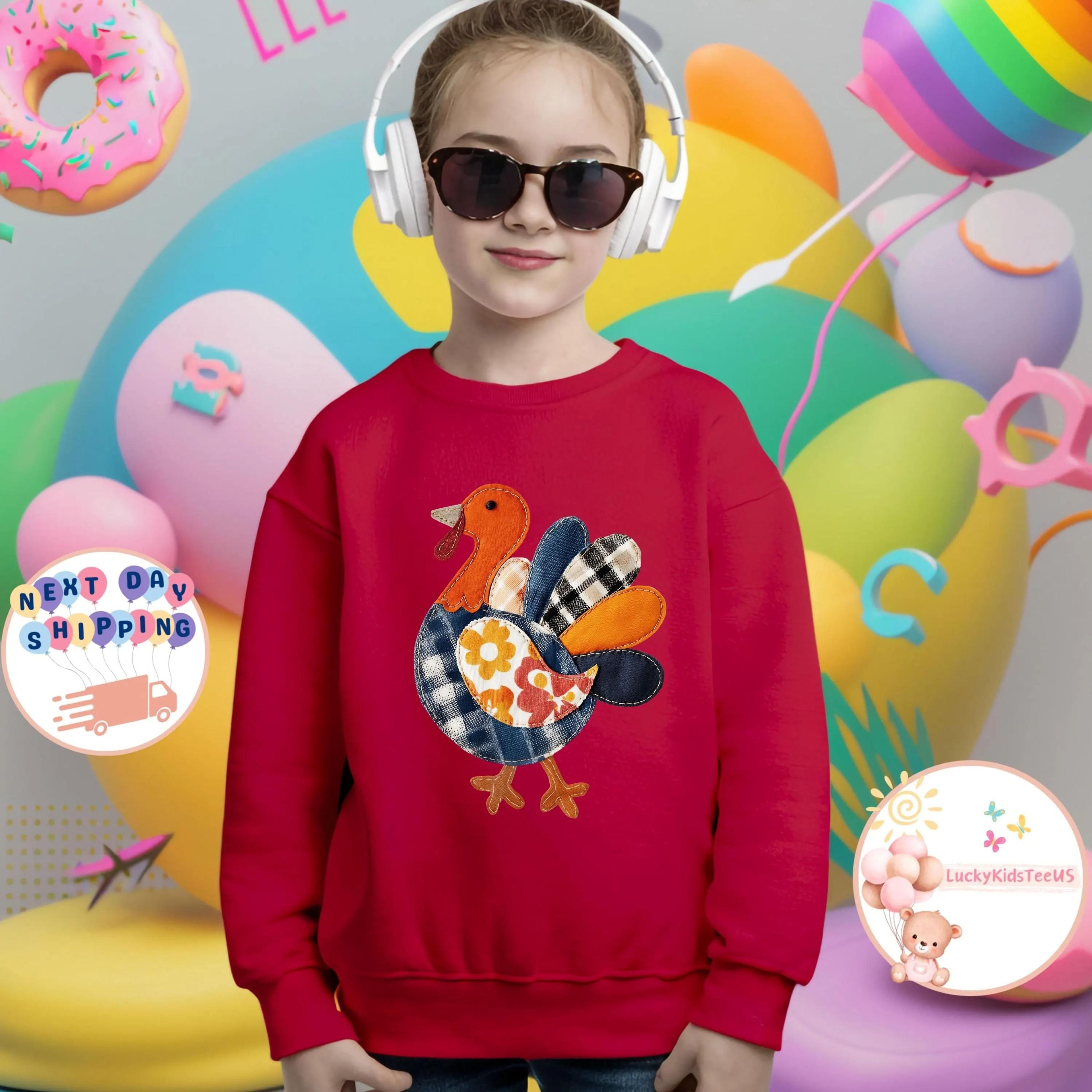 patchwork turkey kids sweatshirt, cute thanksgiving shirt for girls, boho turkey fall sweatshirt, autumn kids pullover