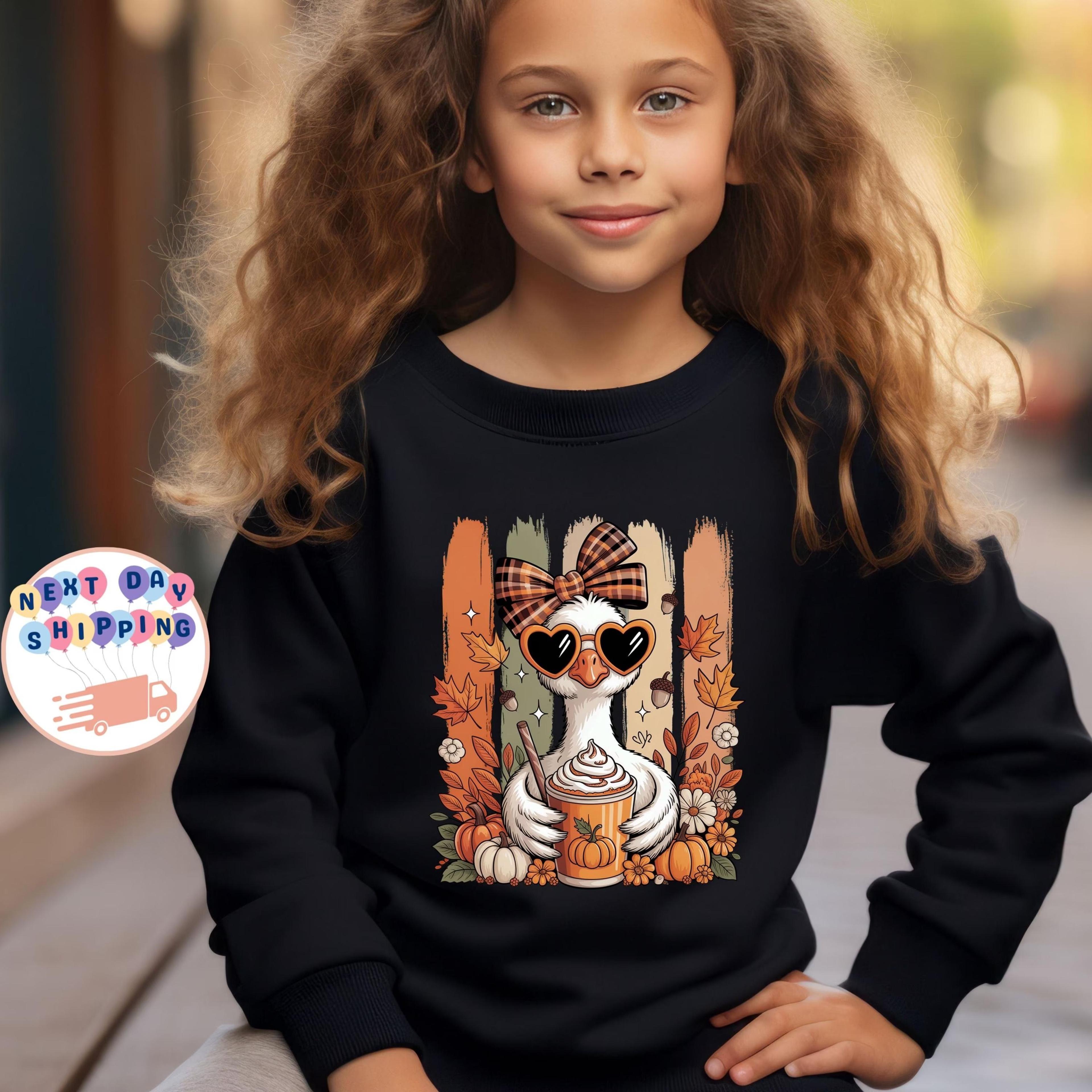 cute thanksgiving goose shirt for girls, pumpkin spice goose sweatshirt, fall animal kids shirt, autumn toddler outfit