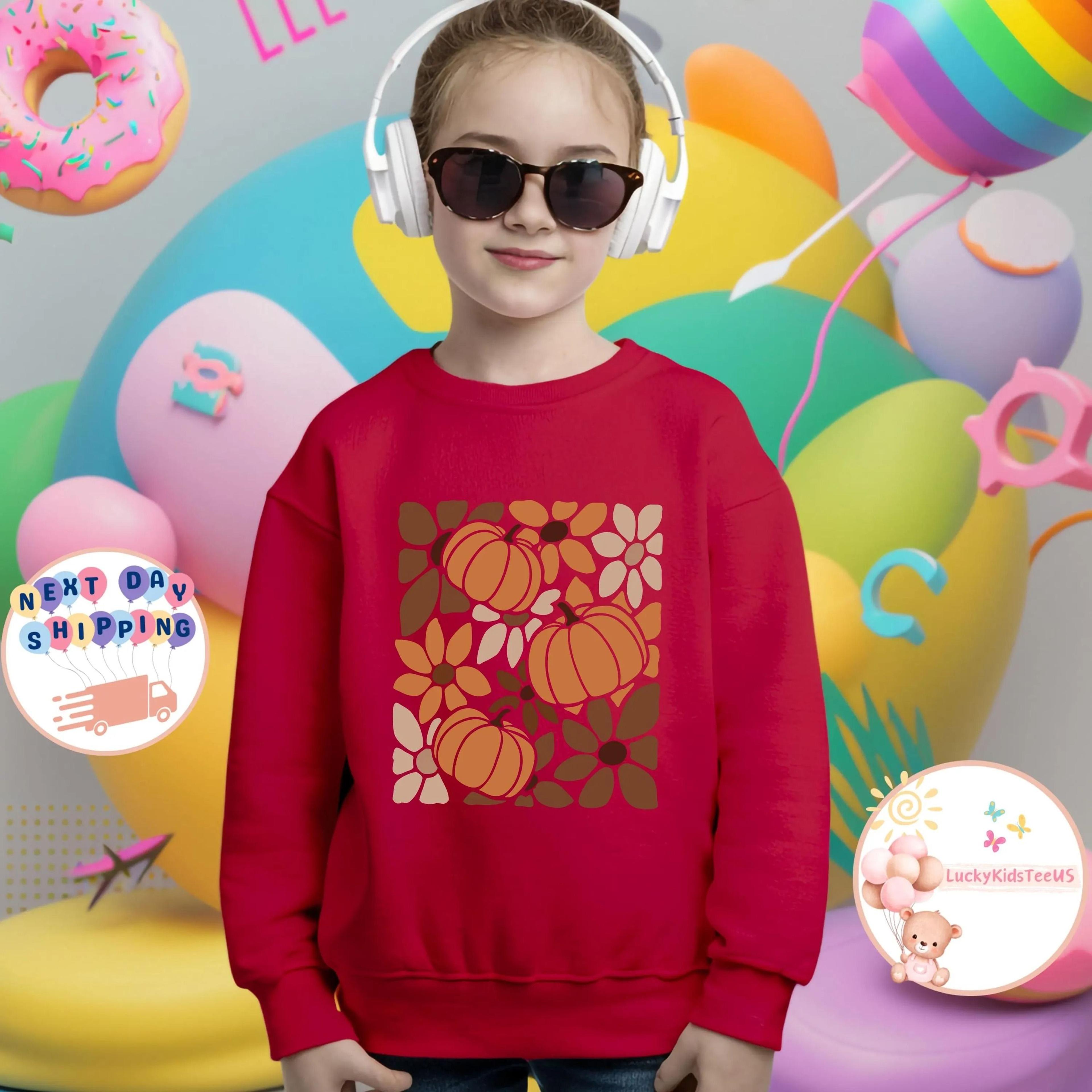 boho pumpkin shirt for kids, retro fall pumpkin sweatshirt, autumn floral kids tee, thanksgiving toddler outfit