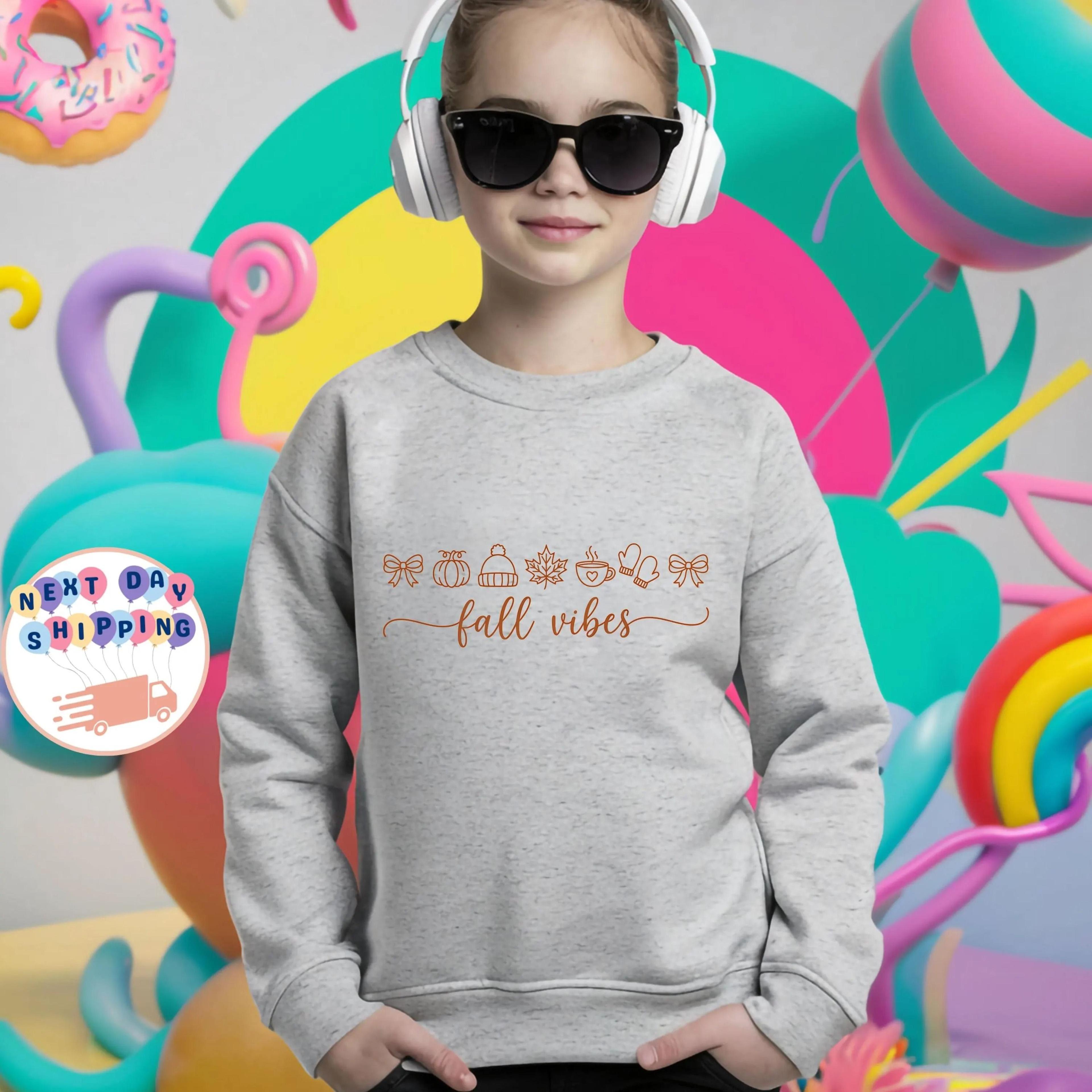 fall vibes kids t-shirt, cute autumn t shirt, pumpkin season tee, cozy fall outfit for kids, thanksgiving gift for girls