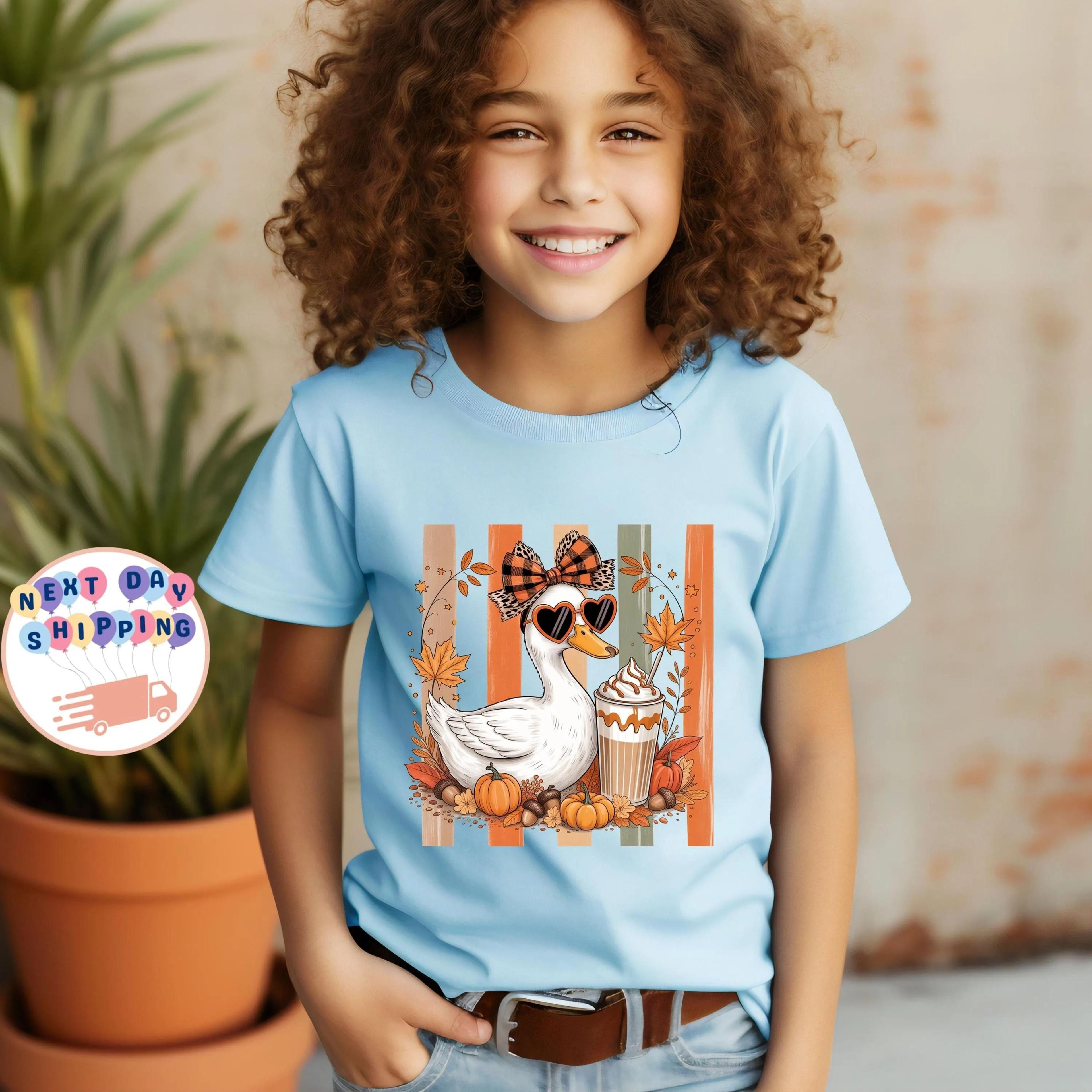 cute goose kids t-shirt, fall goose autumn tee, pumpkin spice kids shirt, coquette goose t shirt, thanksgiving kids gift