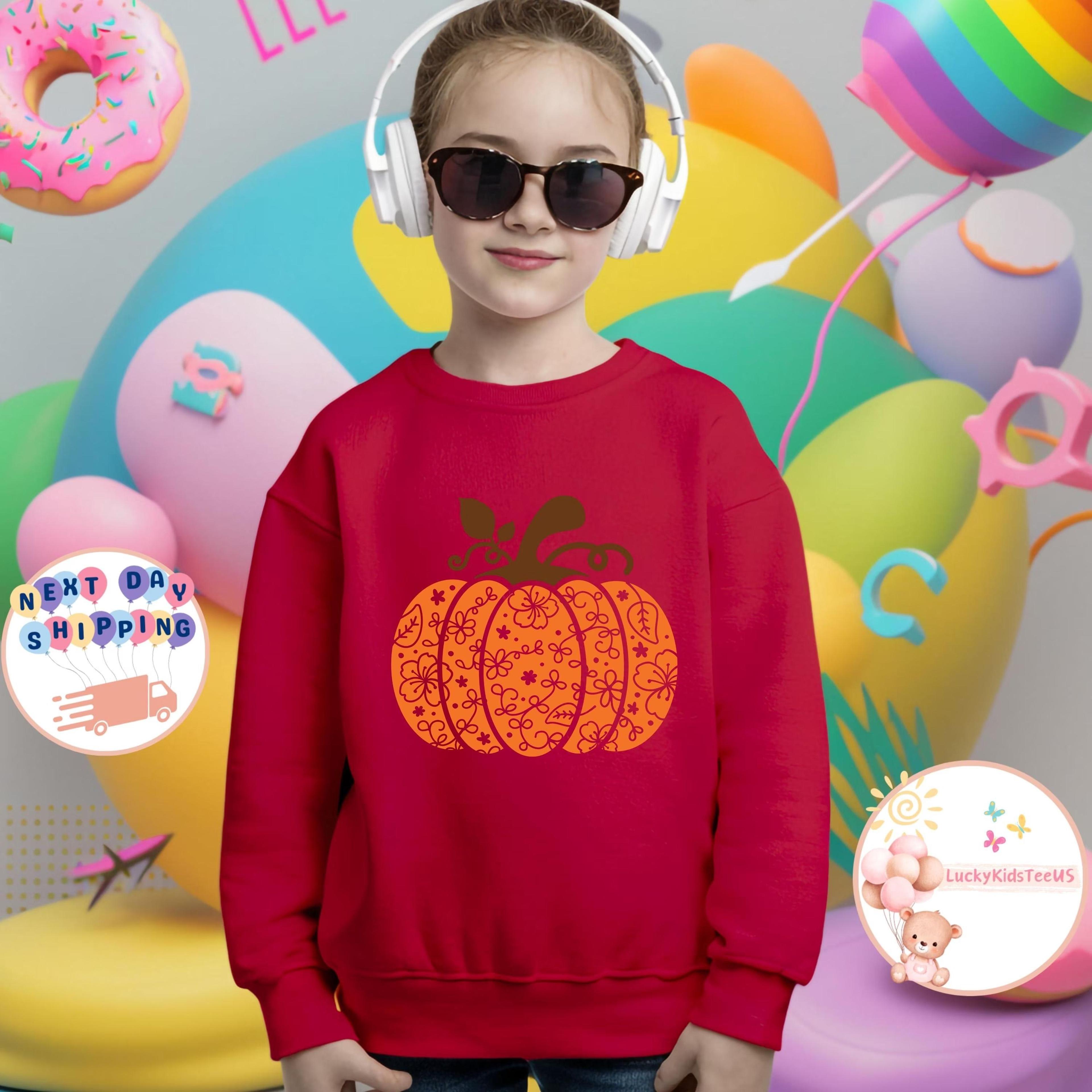 floral pumpkin kids t-shirt, cute fall t-shirt for girls, autumn pumpkin tee, thanksgiving shirt for kids, pumpkin patch