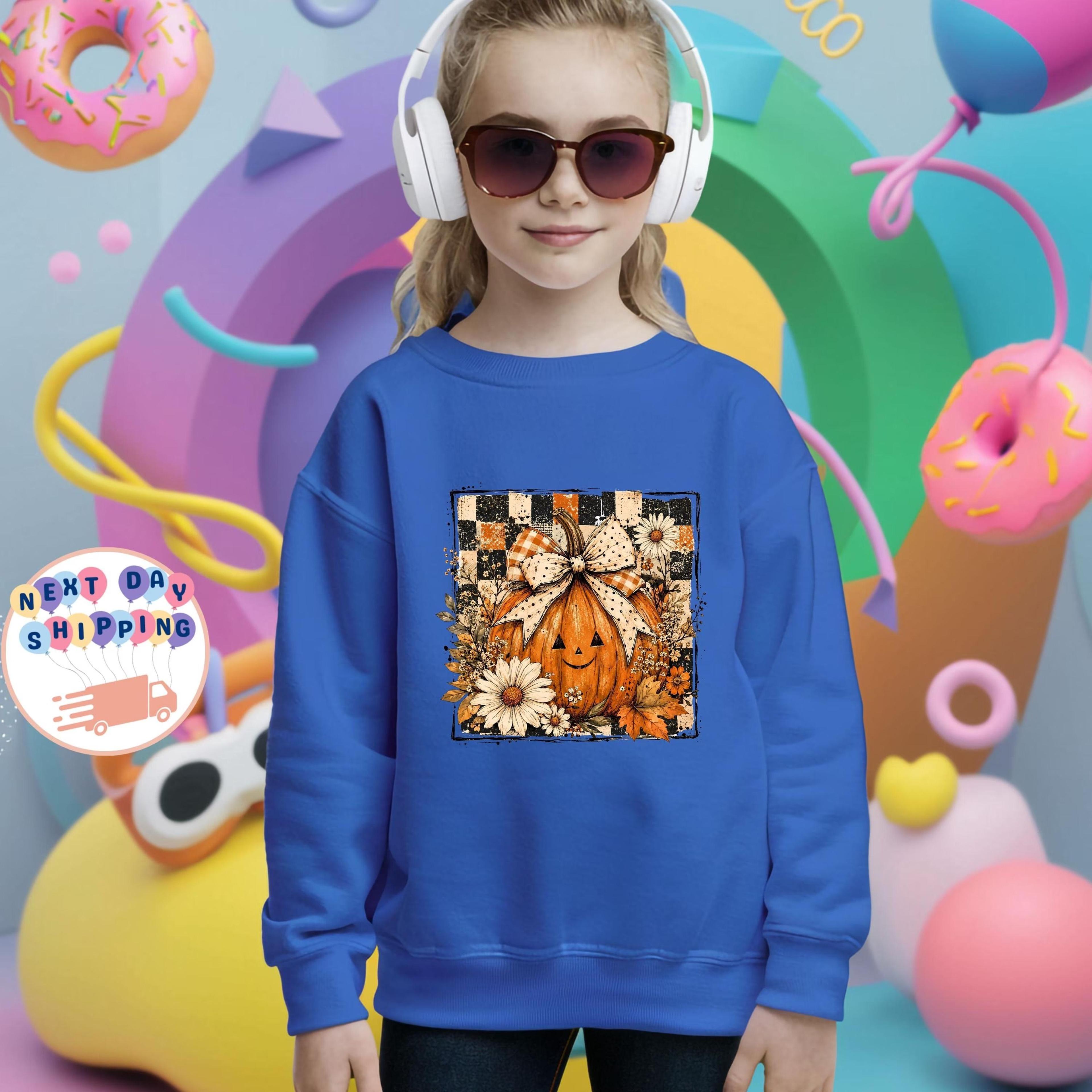 cute halloween pumpkin kids t-shirt, coquette pumpkin tee, girls fall t-shirt, thanksgiving kids tee, pumpkin patch