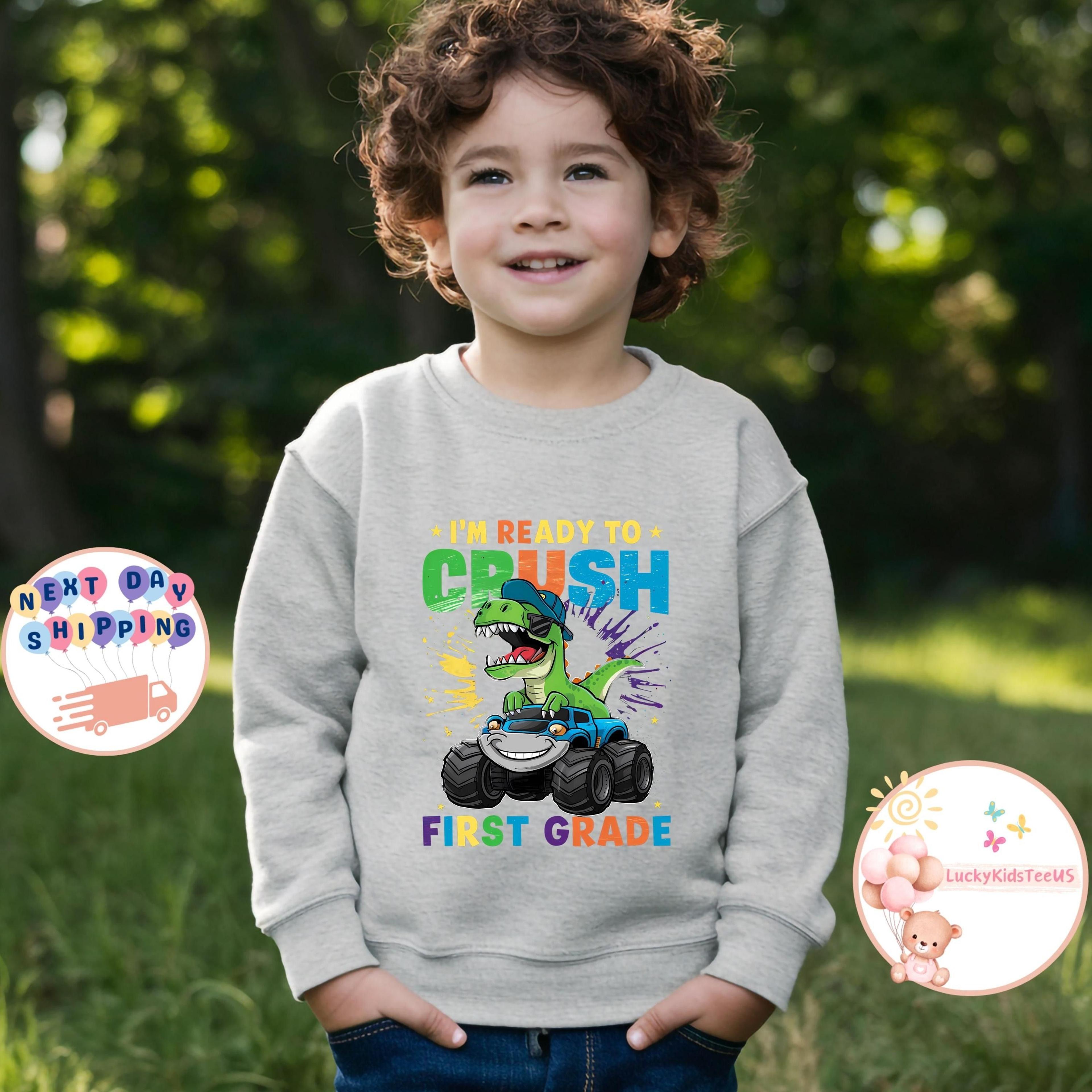 ready to crush first grade kids t-shirt, dinosaur back to school tee, first grade shirt, monster truck kids t-shirt