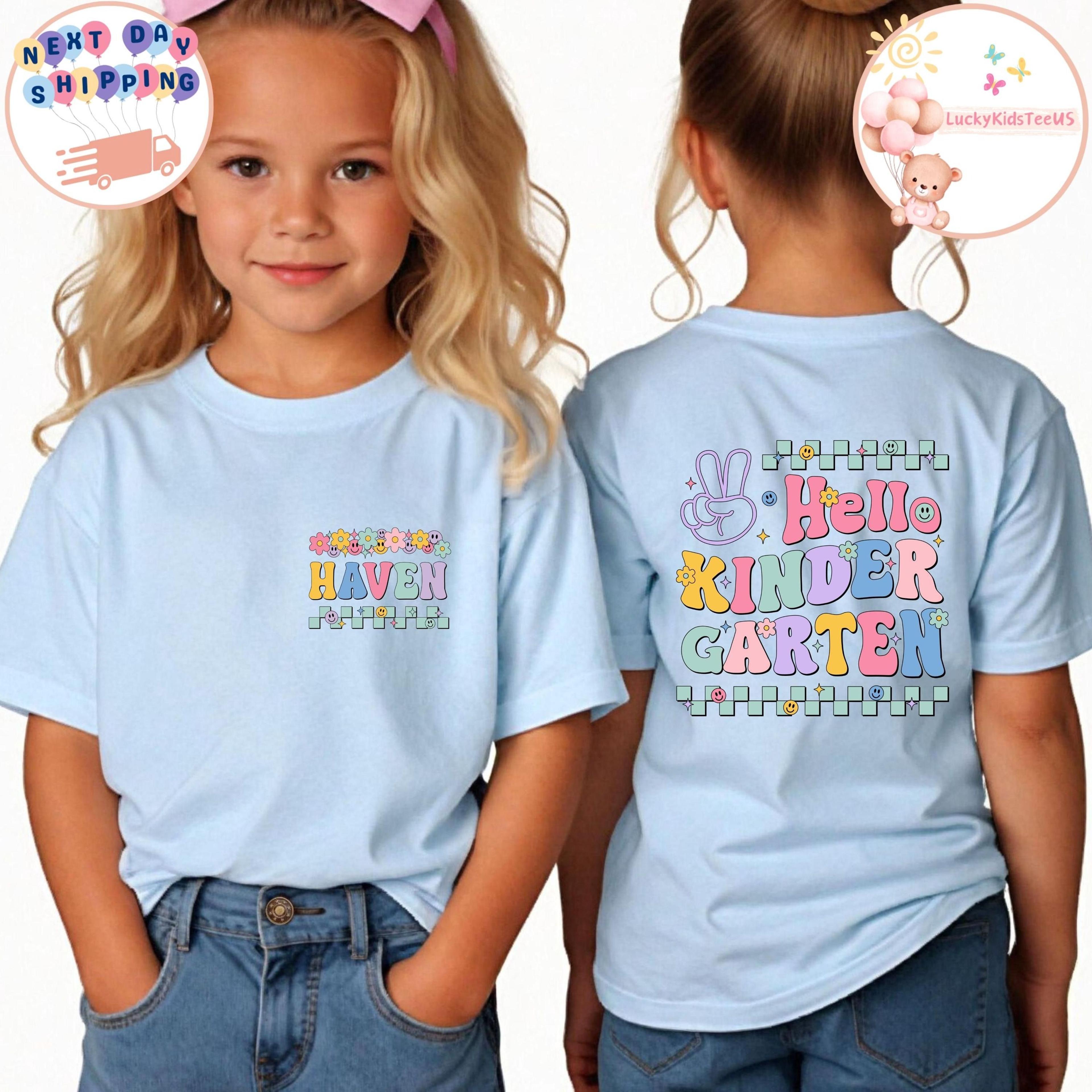 personalized hello kindergarten kids t-shirt, custom name school tee, first day of kindergarten shirt, girls kids t-shir