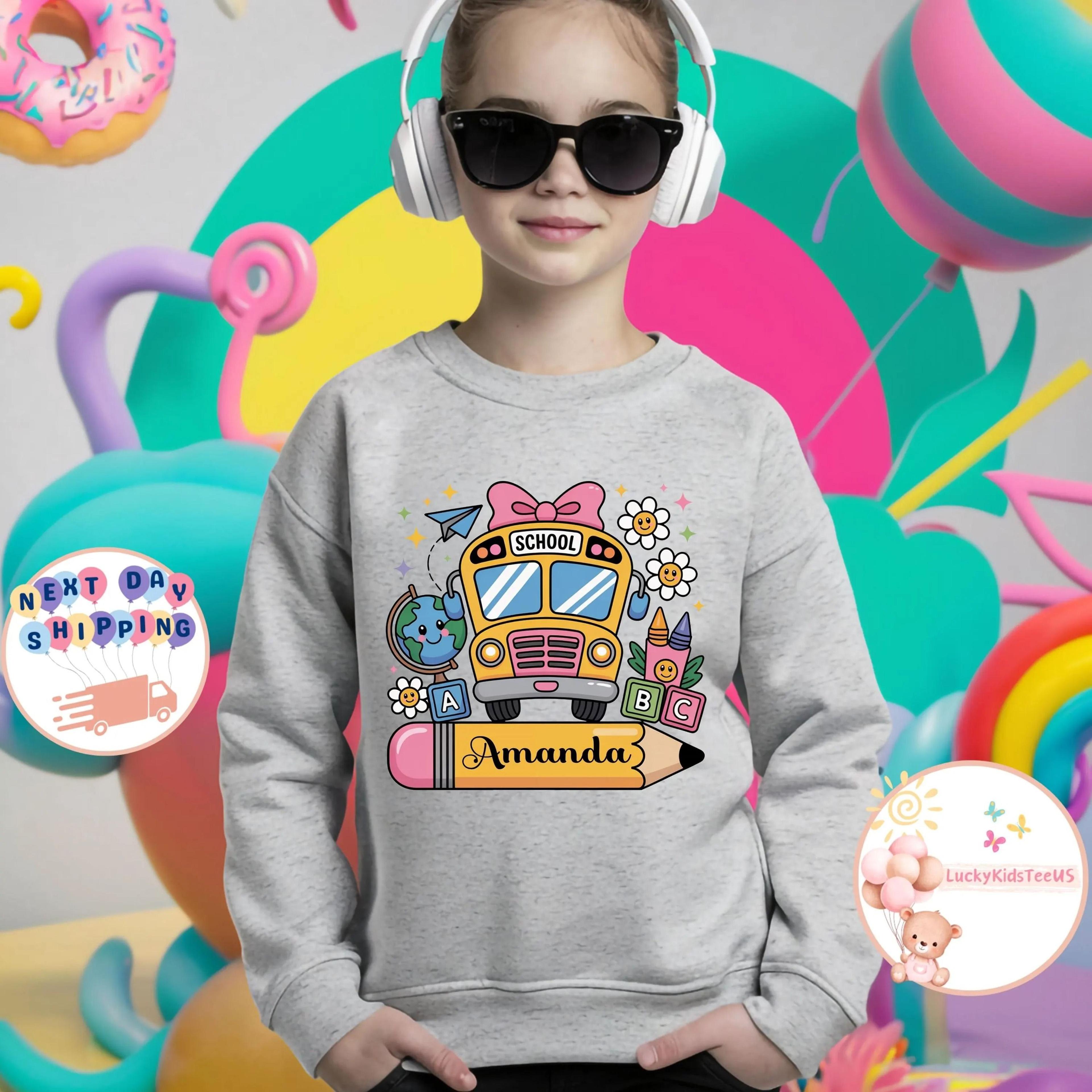 personalized back to school kids t-shirt, custom name school bus tee, first day of school shirt, cute school girl tees