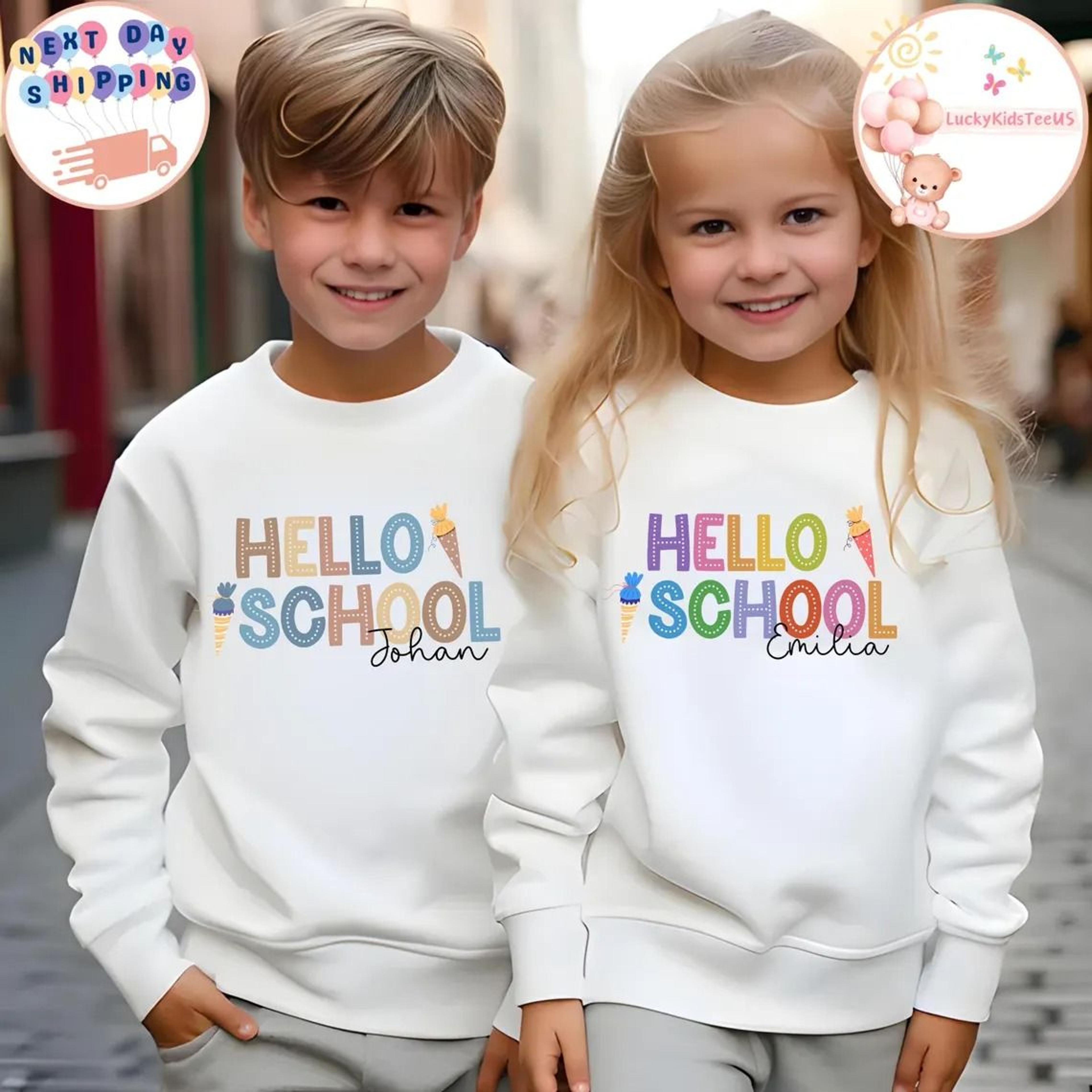 personalized hello school kids t-shirt, custom name back to school tee, first day of school shirt, cute school girl tee