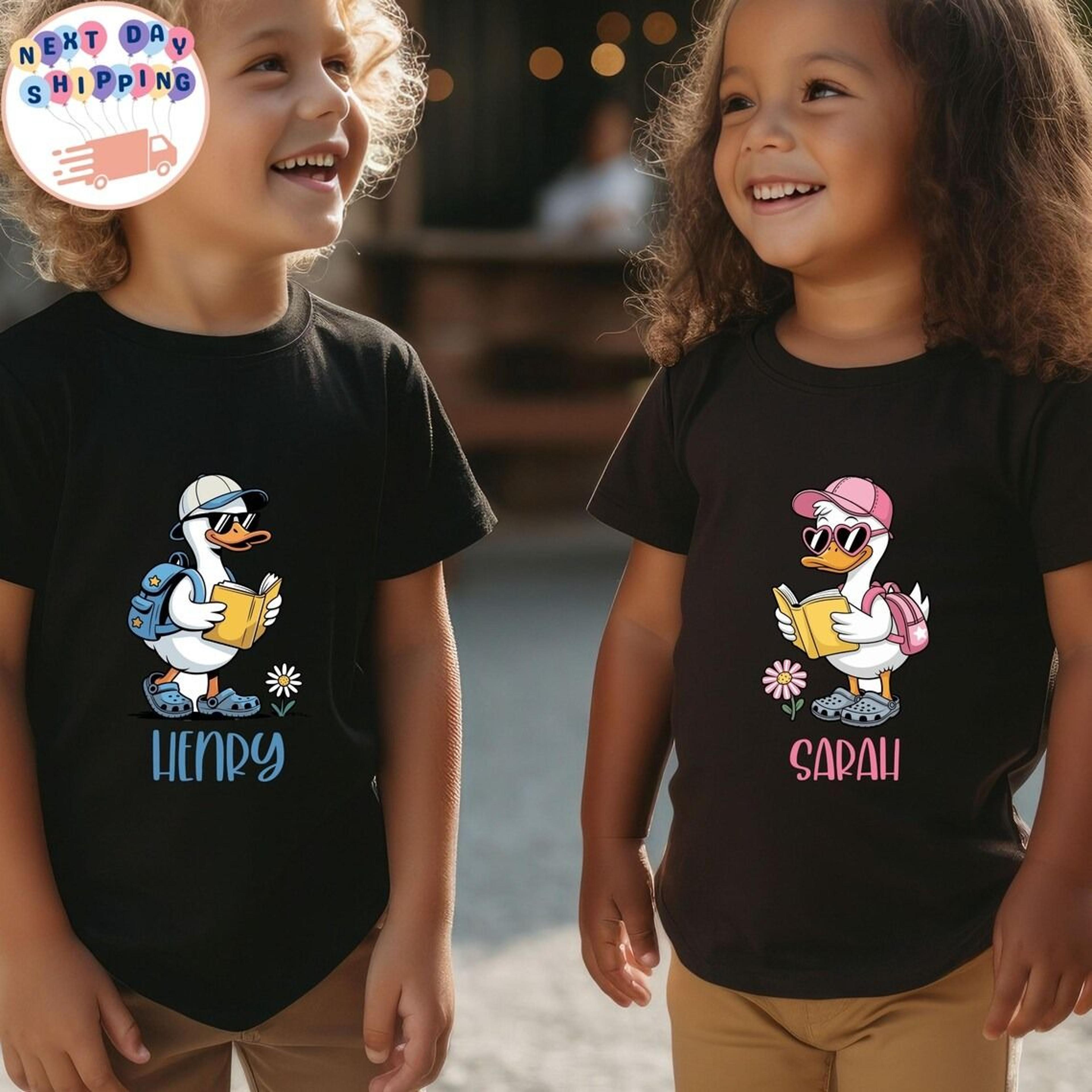 personalized duck back to school kids t-shirt, custom name school duck tee, first day of school shirt, matching sibling