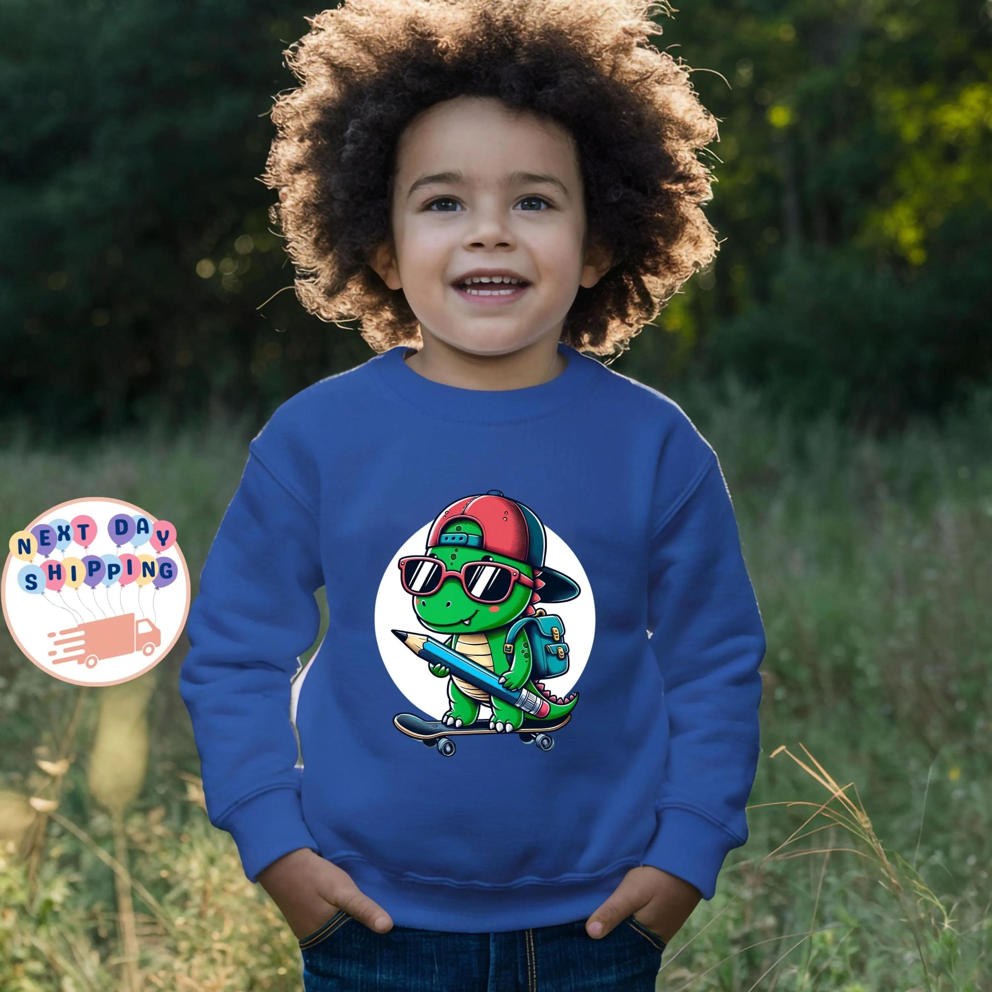 cool dinosaur back to school sweatshirt, skateboard dino kids shirt, toddler dinosaur school outfit, first day of school