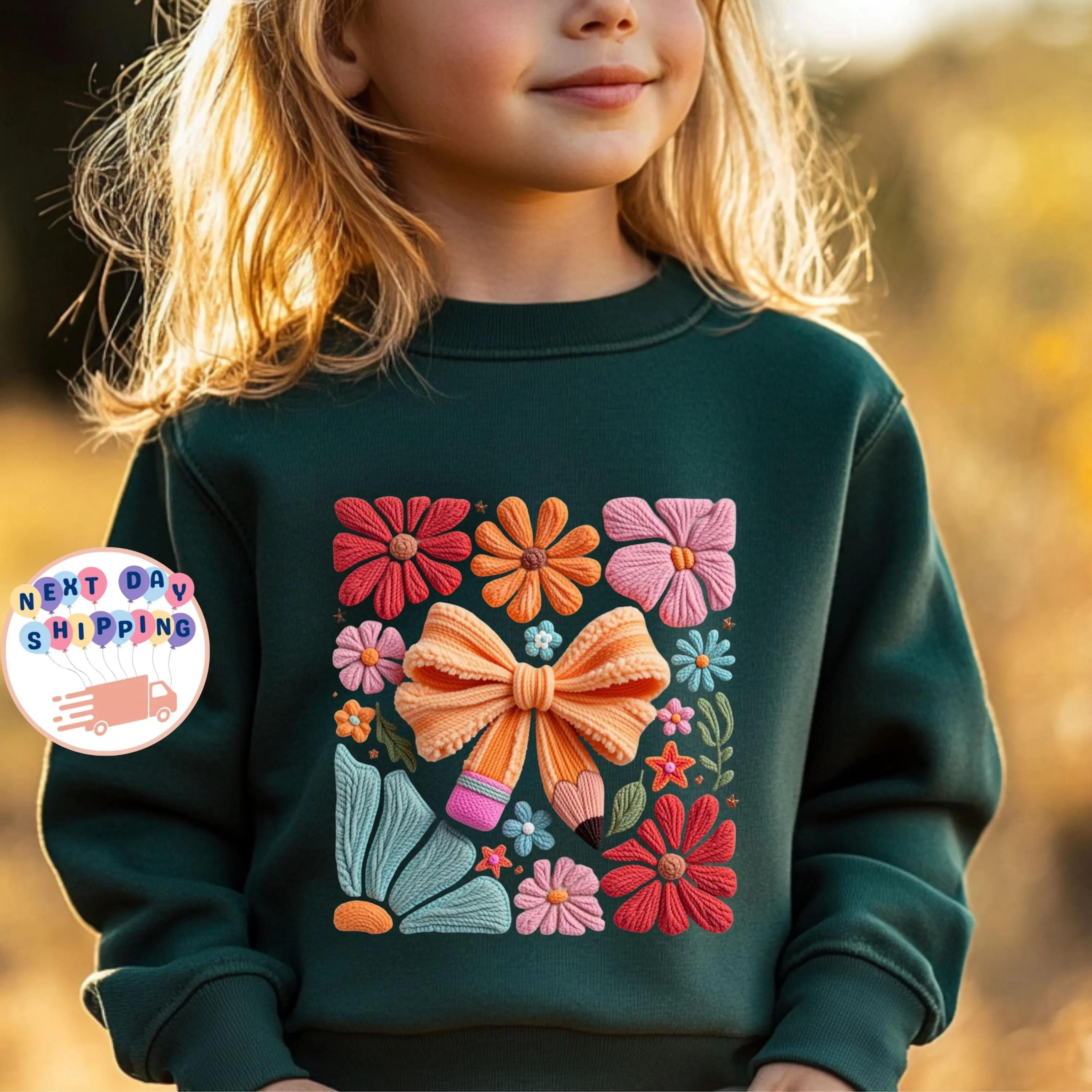 cute floral pencil bow sweatshirt, girly back to school shirt, coquette school kids sweatshirt, first day of school tees