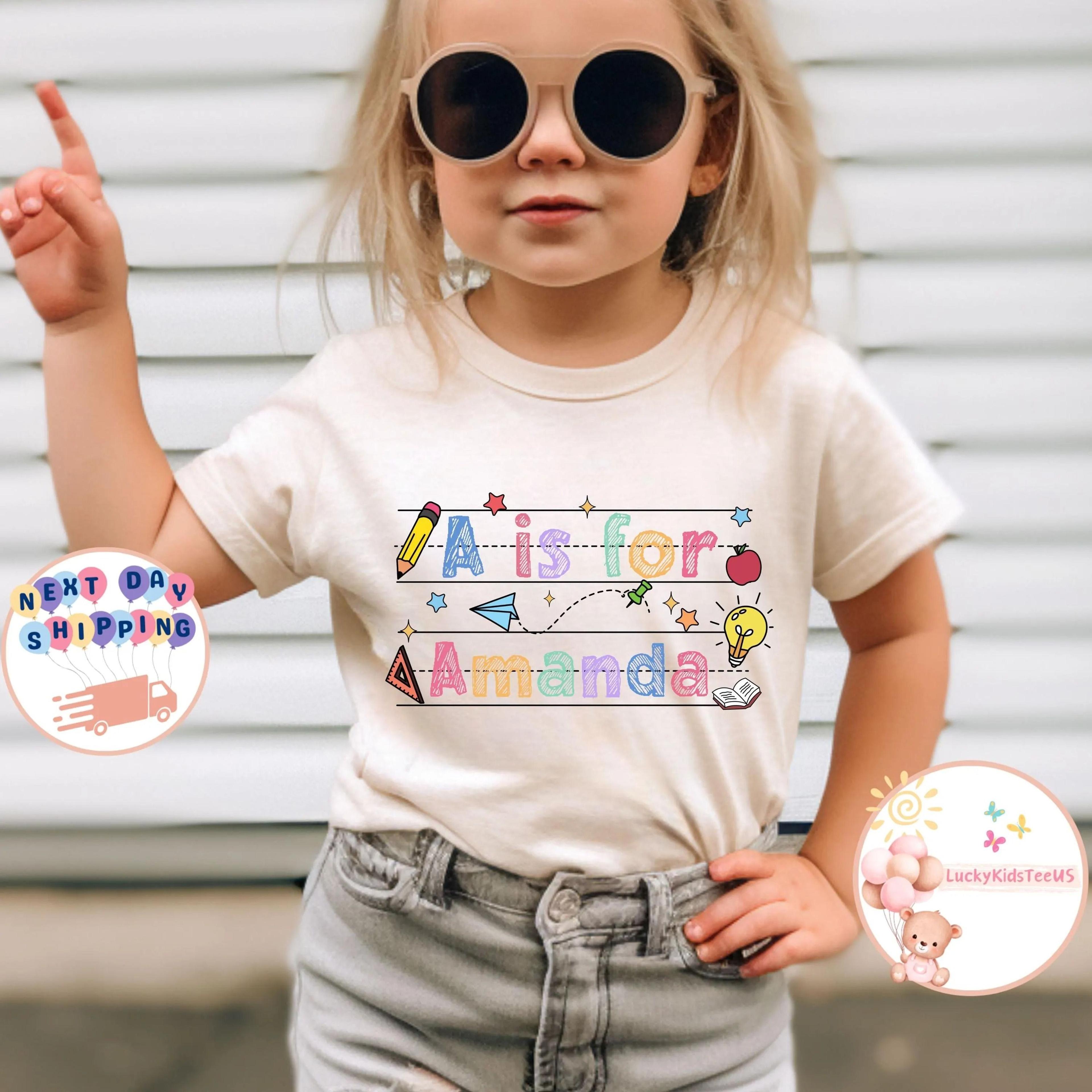 personalized first day of school shirt, custom name back to school tee, a is for name shirt, kids school outfit