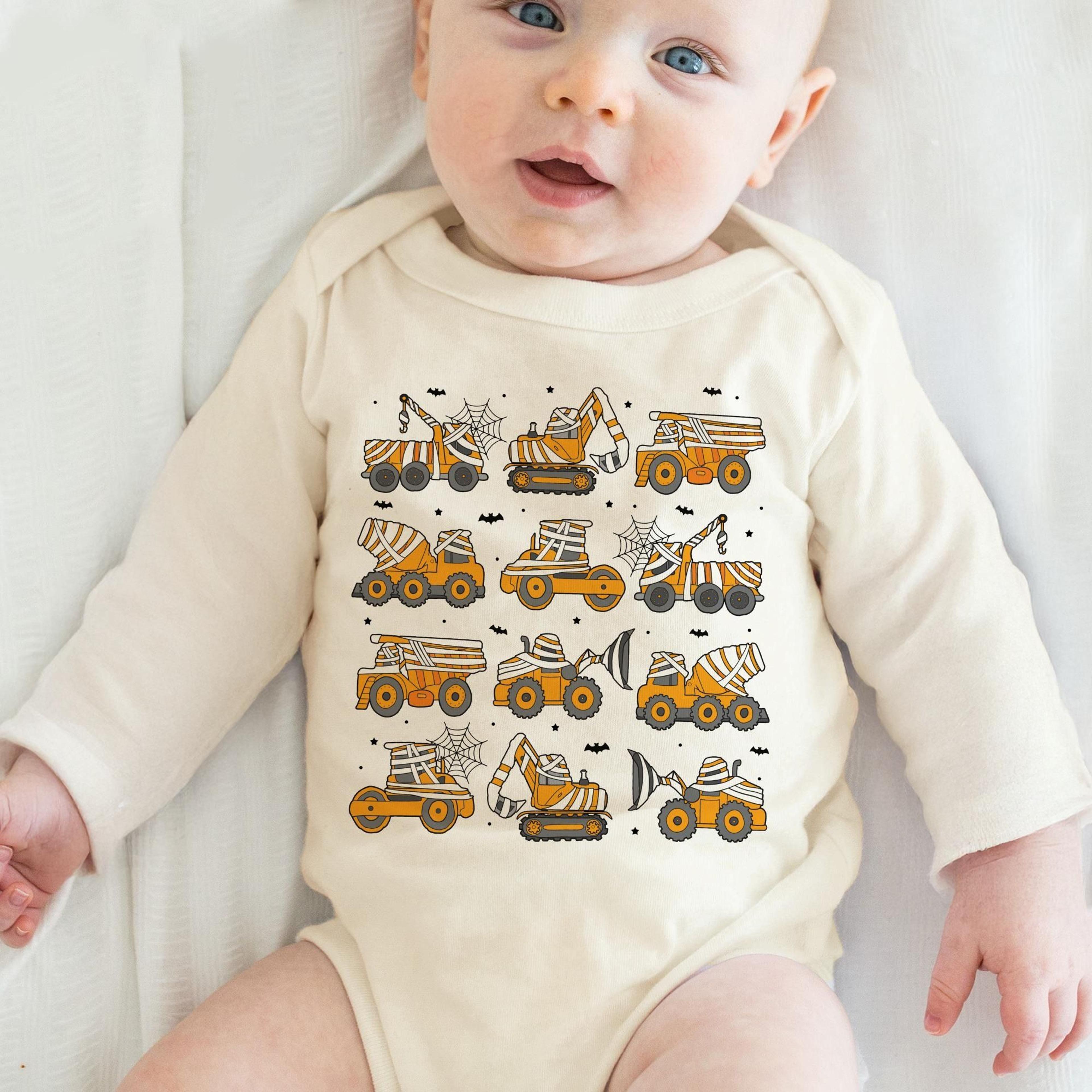 halloween construction baby bodysuit, spooky truck baby onesie, construction vehicle baby outfit, toddler halloween shir