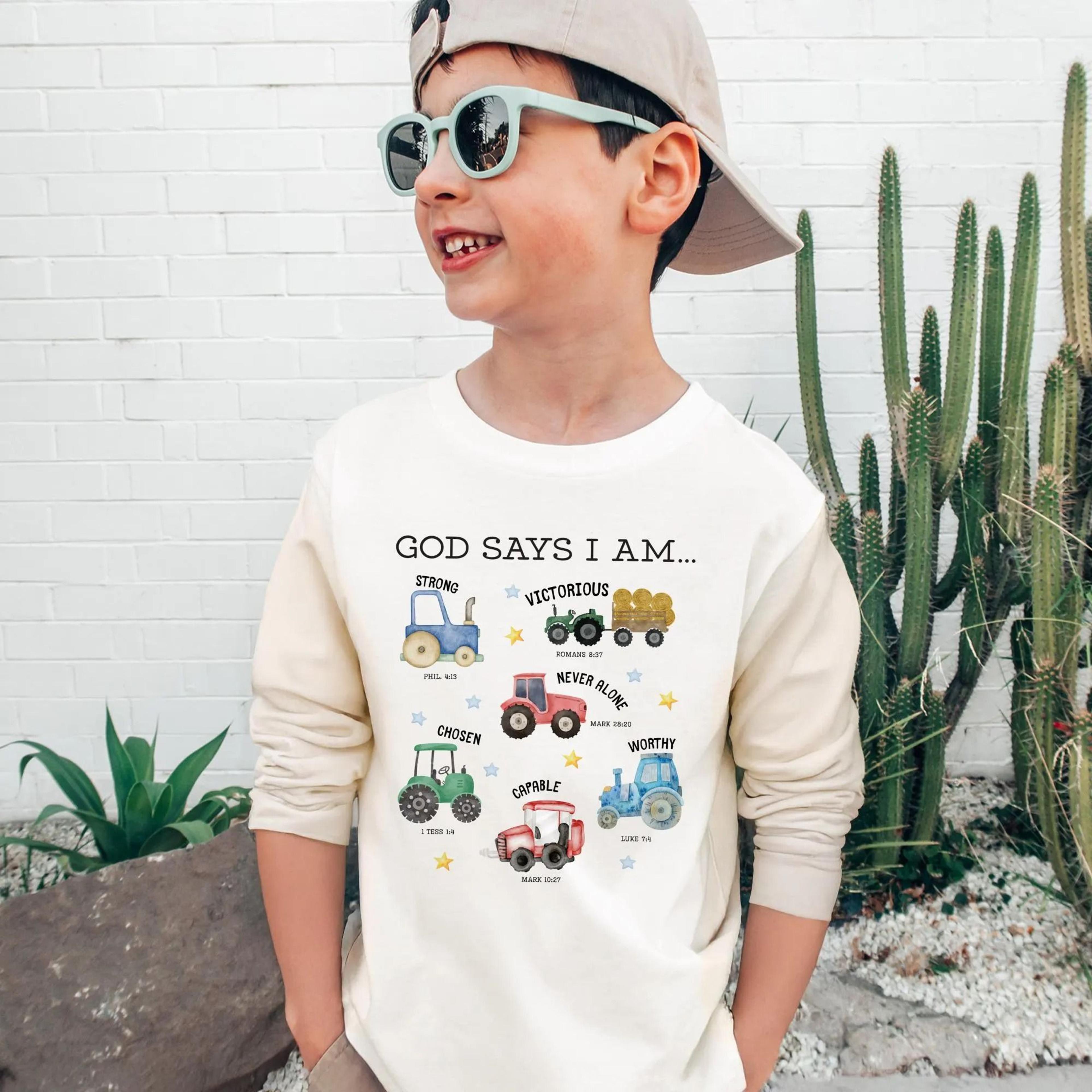 god says i am tractor shirt, christian farm kids shirt, faith based tractor sweatshirt, religious farm boy shirt