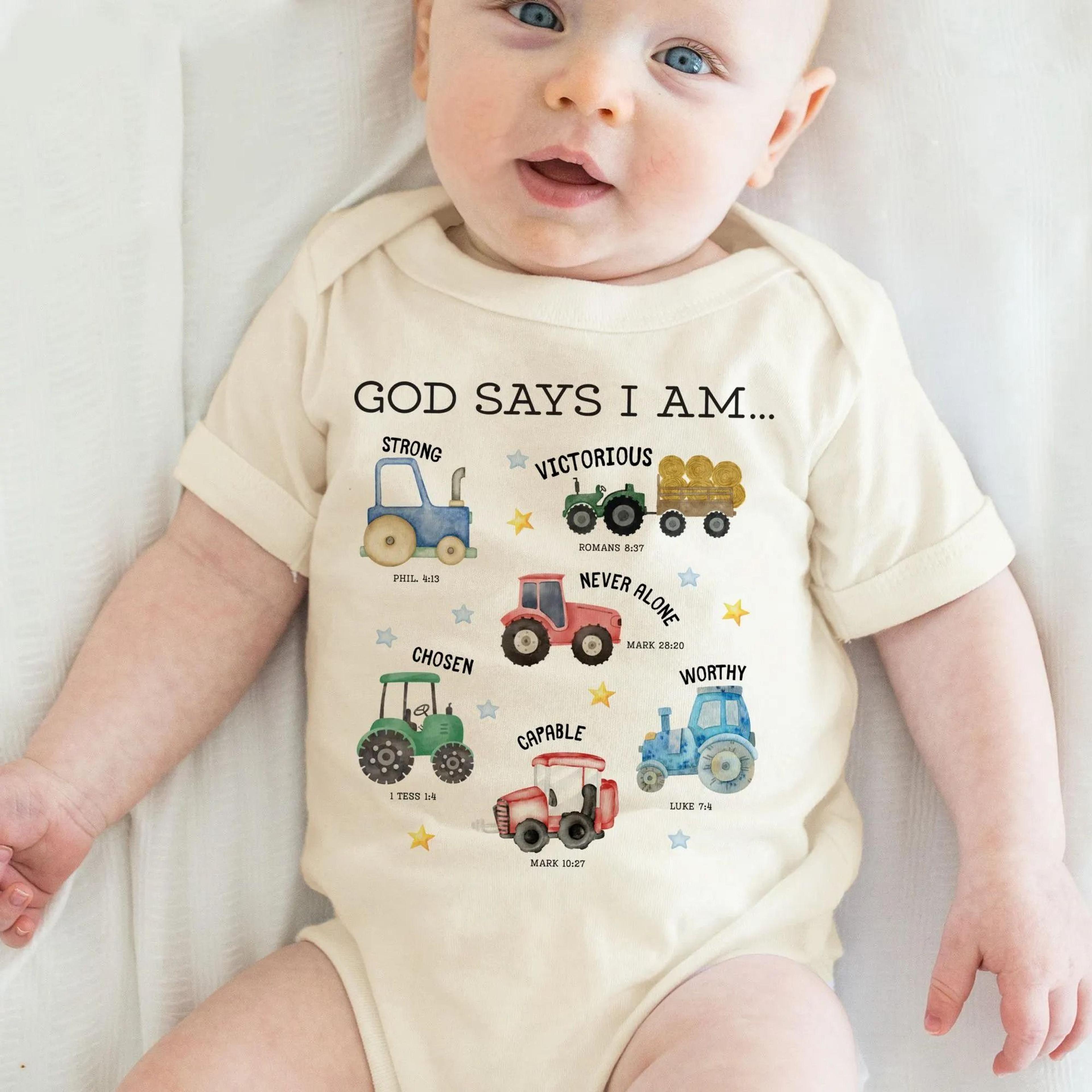 god says i am baby bodysuit, christian tractor baby outfit, farm baby bodysuit, religious infant clothes, faith based