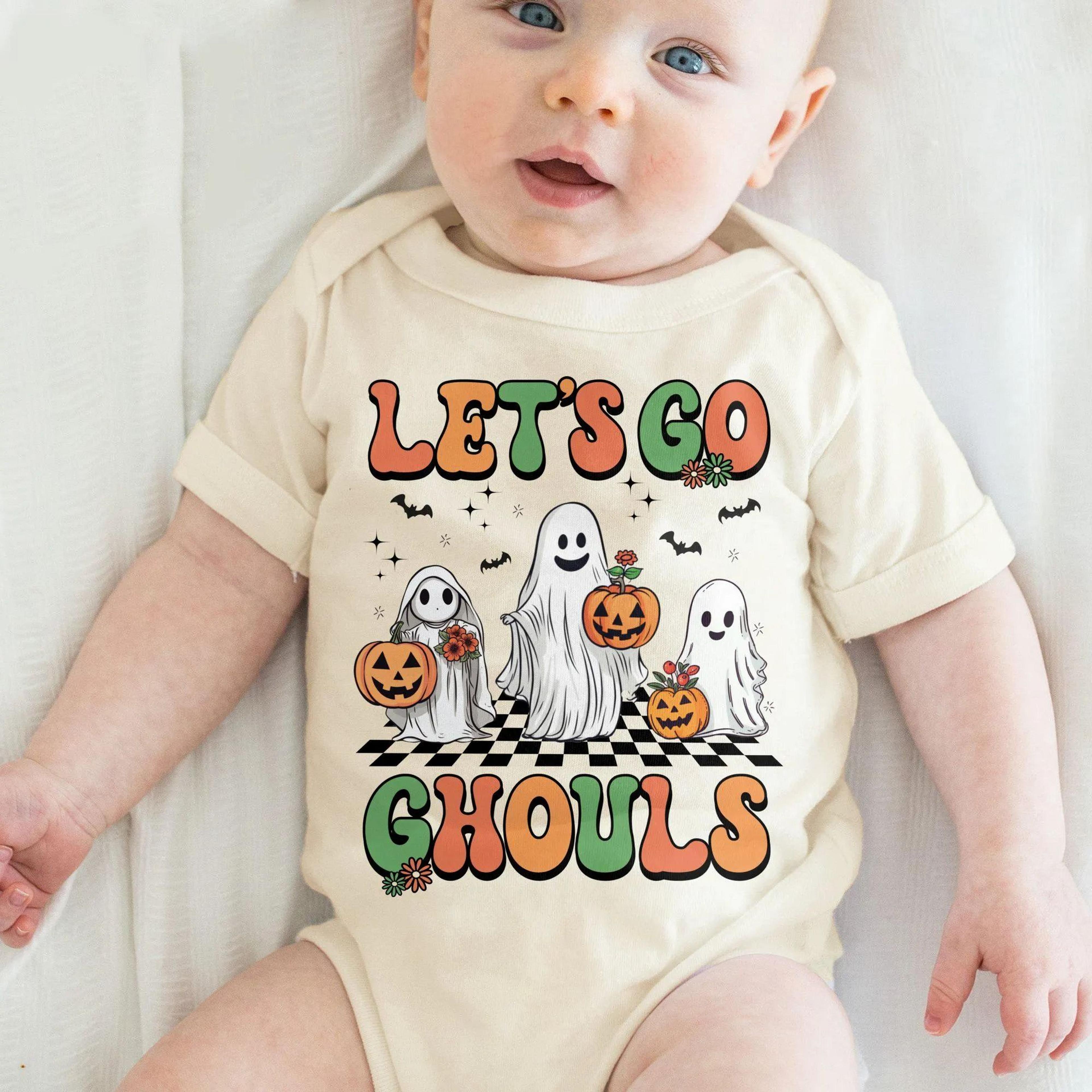 let's go ghouls baby bodysuit, cute ghost halloween baby outfit, spooky season infant onesie, pumpkin ghost baby shirt