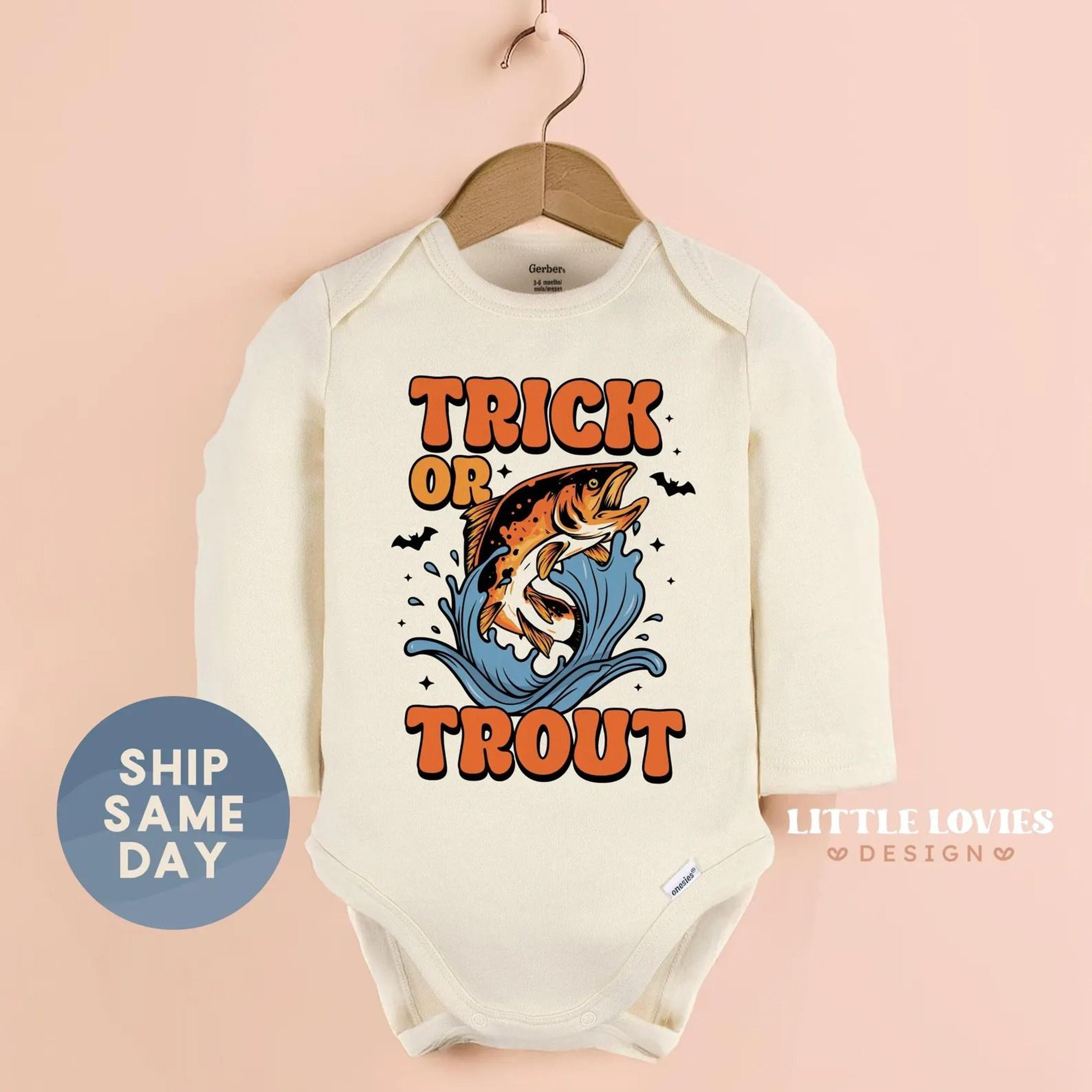 trick or trout baby bodysuit, funny fishing halloween baby onesie, fisherman baby outfit, spooky fishing infant shirt