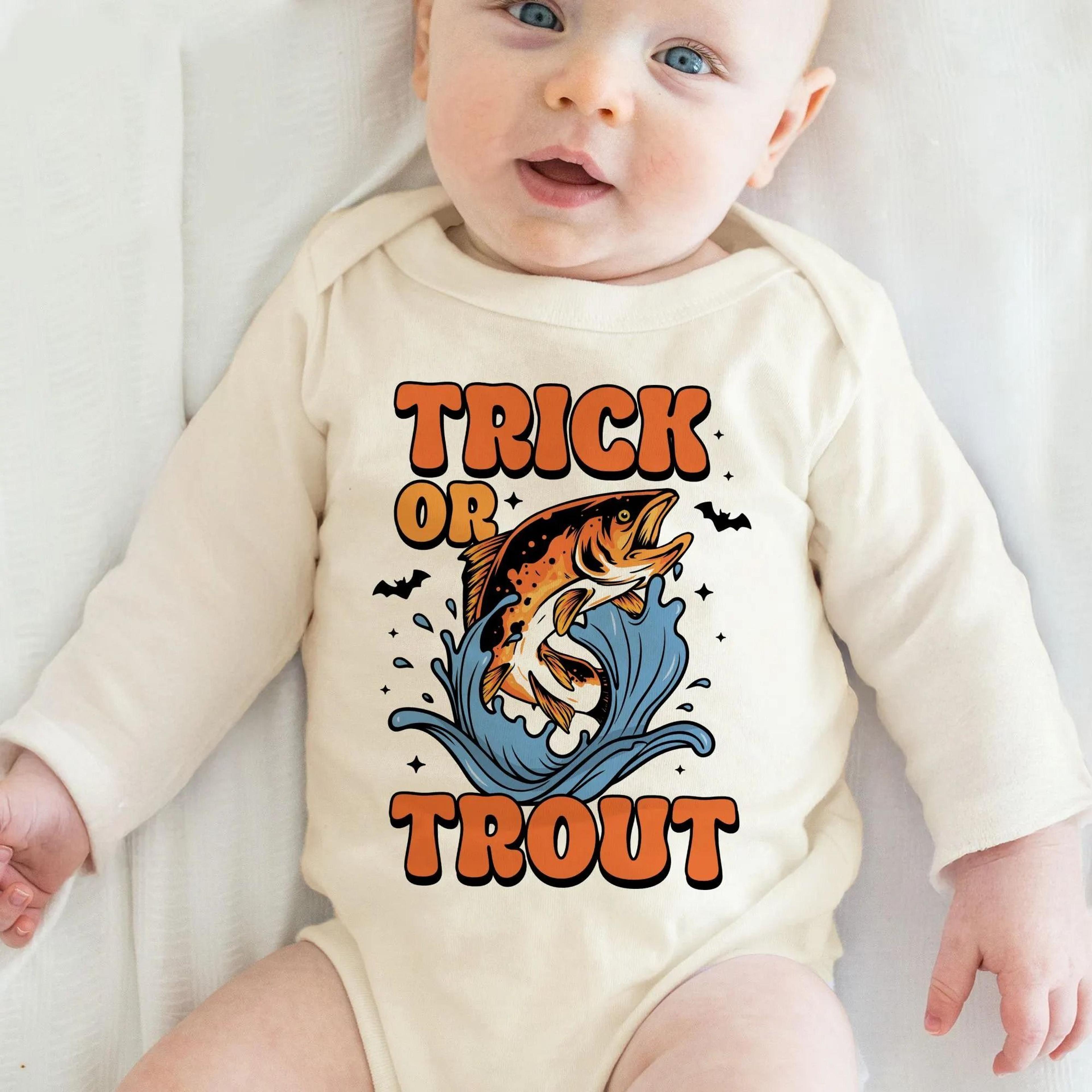 trick or trout baby onesie, funny fishing halloween bodysuit, first halloween baby outfit, fisherman infant gift