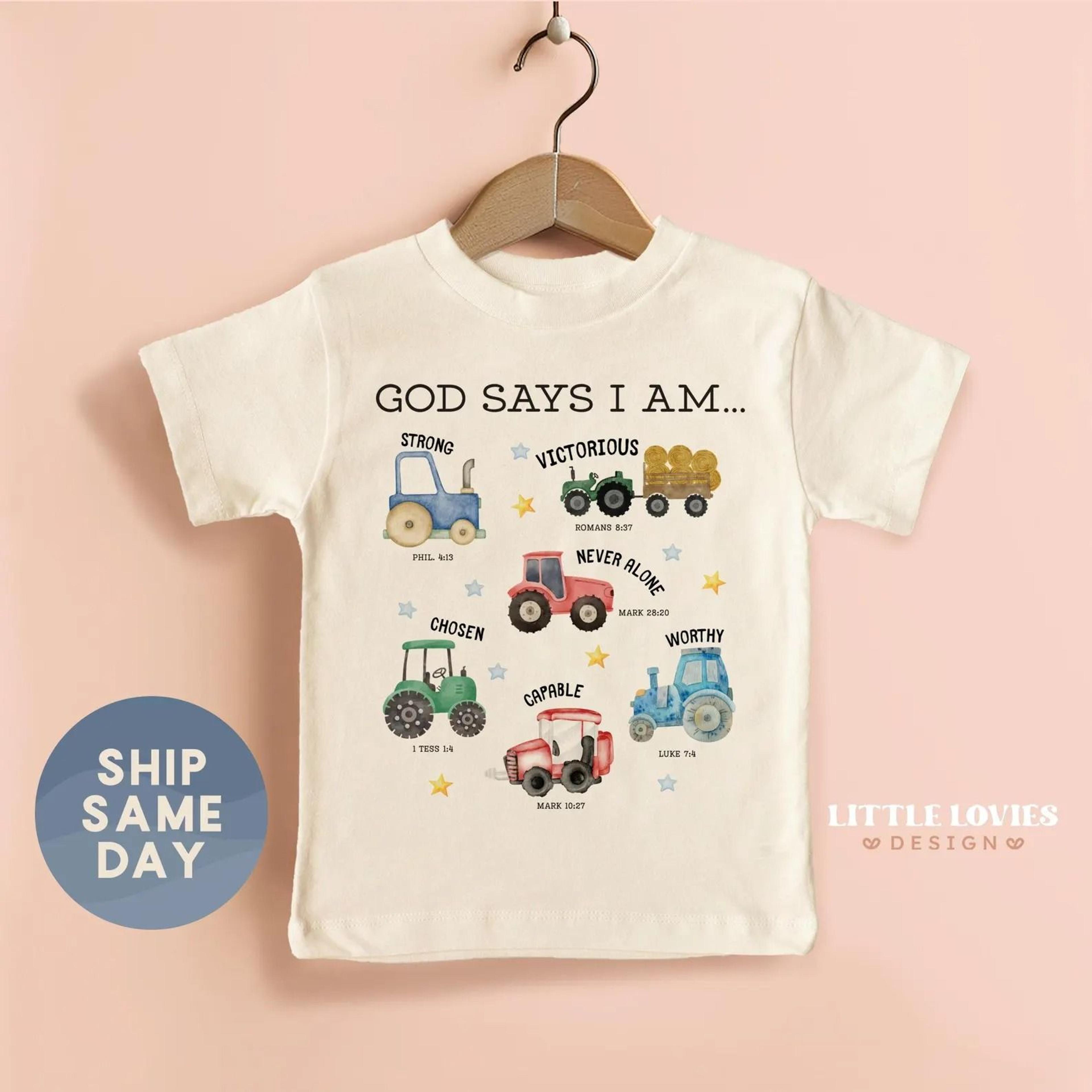 god says i am tractor shirt, christian tractor tee, farm boy bible verse shirt, faith based toddler tee, little farmer