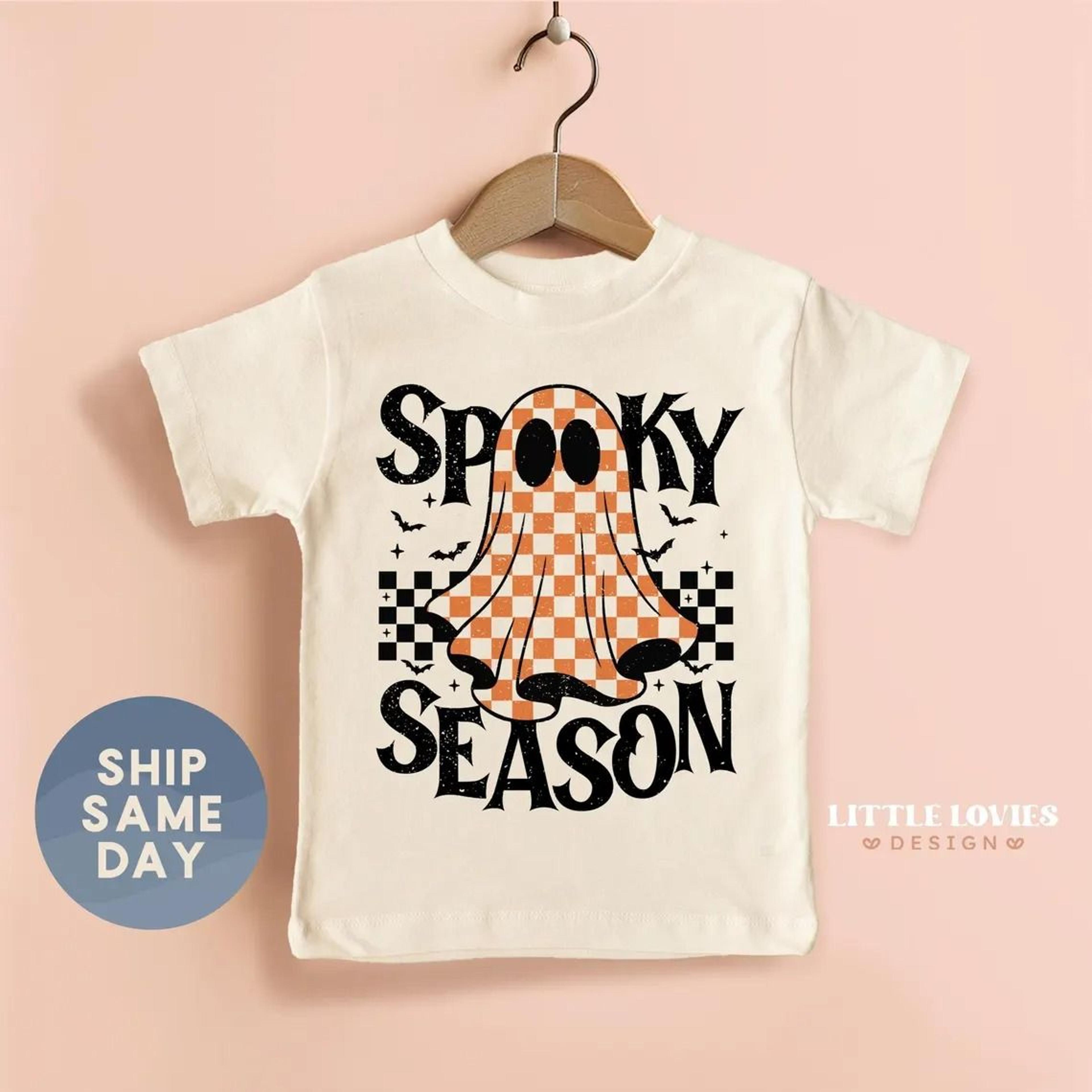 spooky season kids halloween shirt, ghost toddler tee, retro halloween shirt, cute checkerboard ghost shirt, halloween