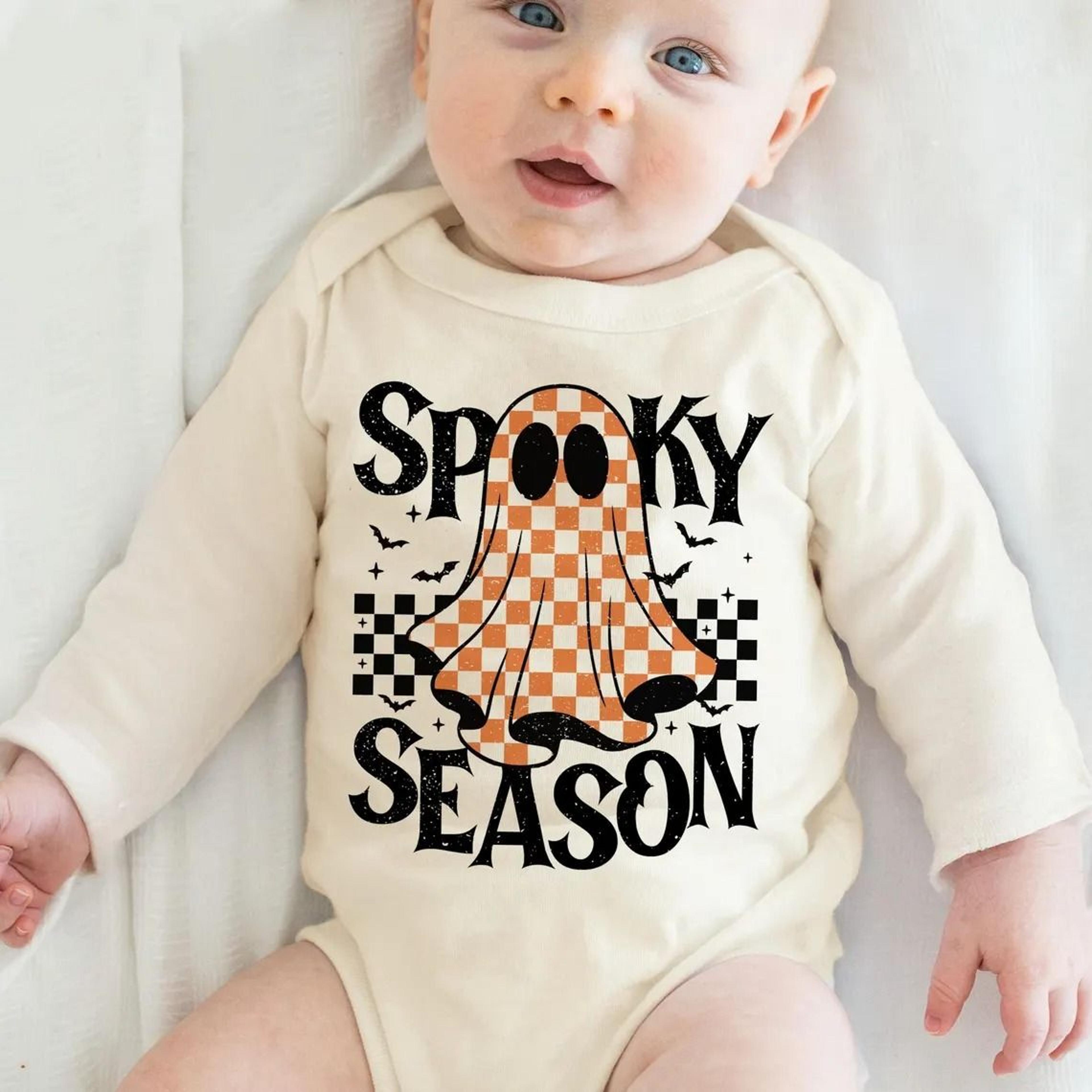 spooky season baby onesie, halloween ghost baby bodysuit, retro checkerboard ghost outfit, cute fall baby clothes