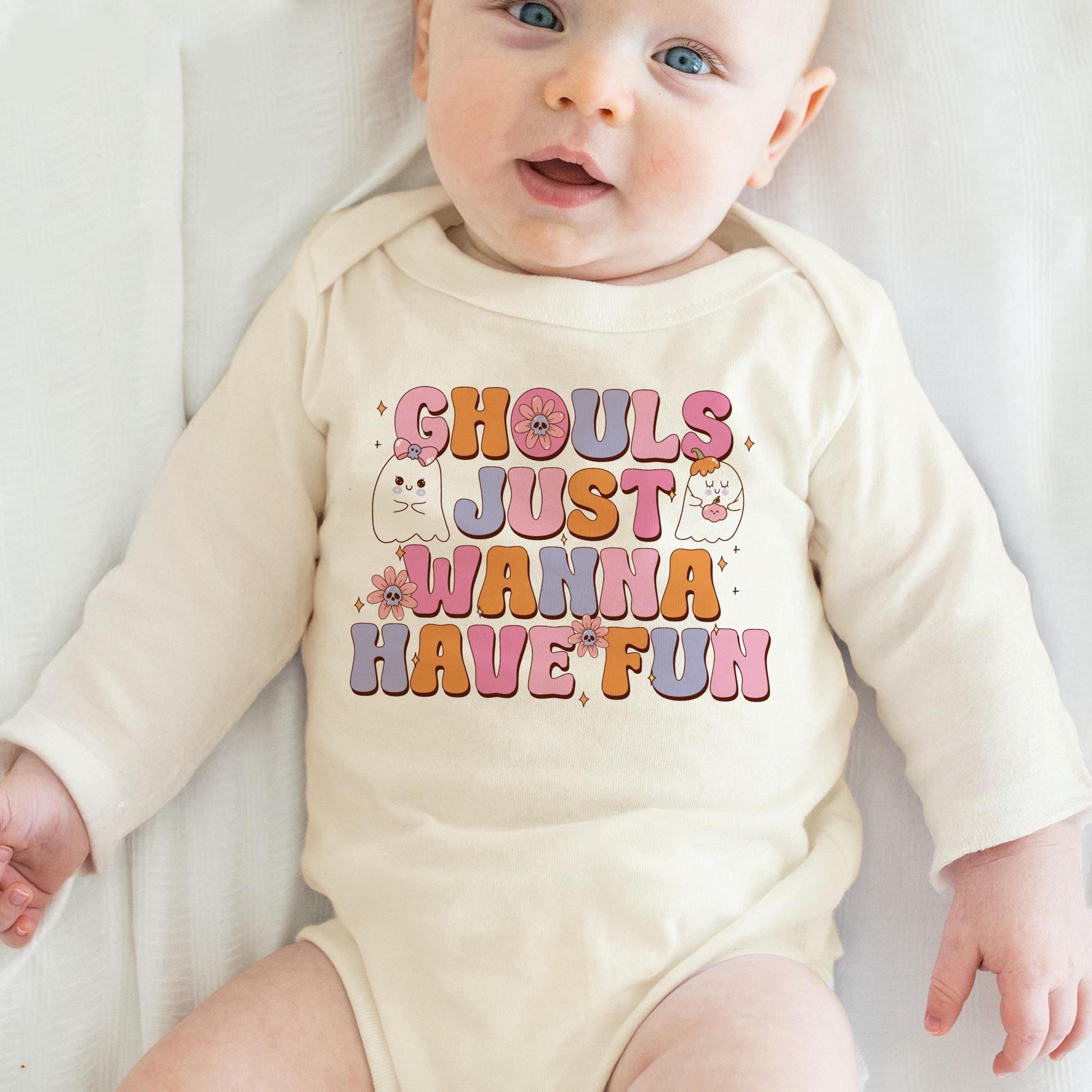 ghouls just wanna have fun baby onesie, cute halloween girl outfit, retro ghost baby bodysuit, pink spooky season clothe