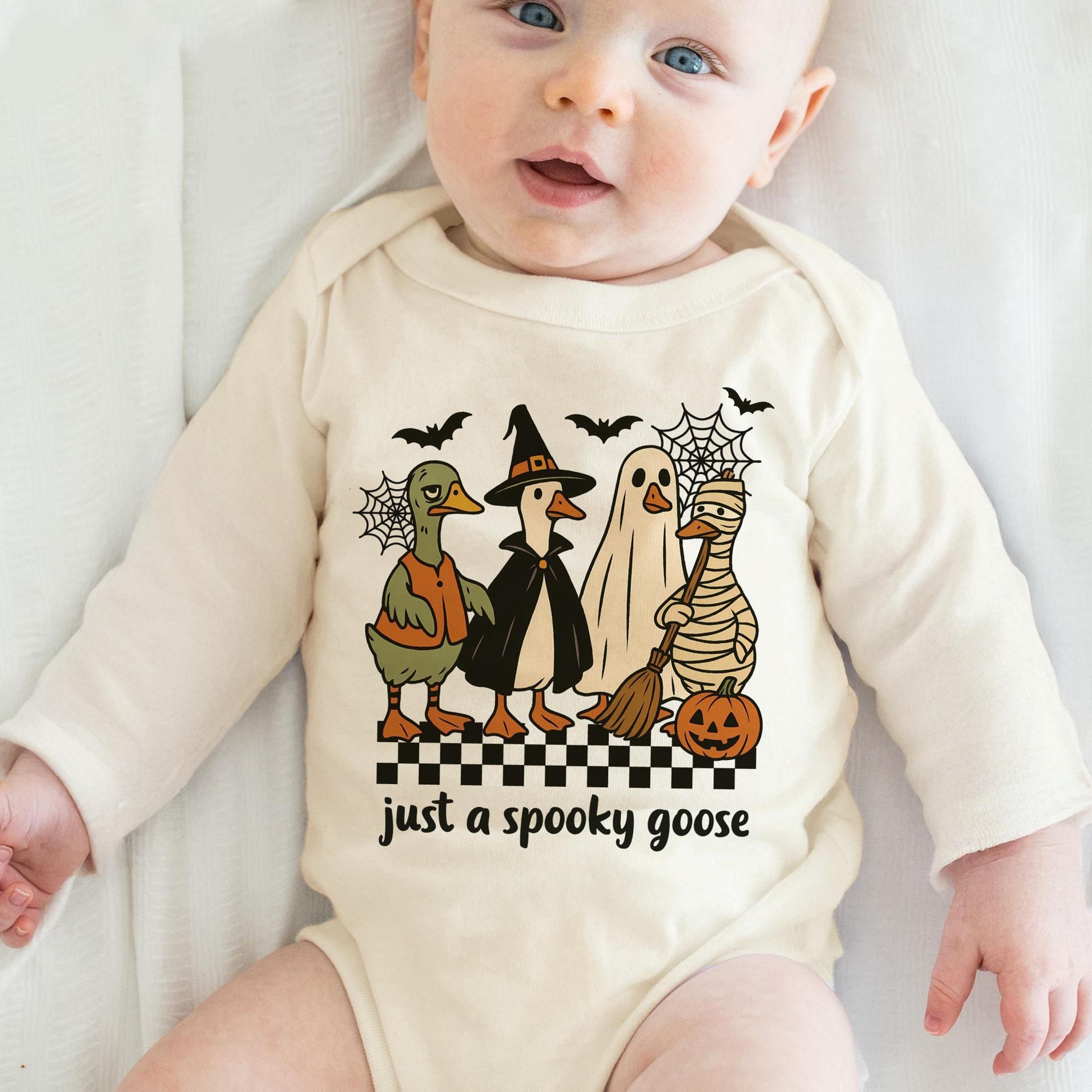 just a spooky goose baby onesie, funny halloween goose costume bodysuit, first halloween baby outfit, cute farm animal