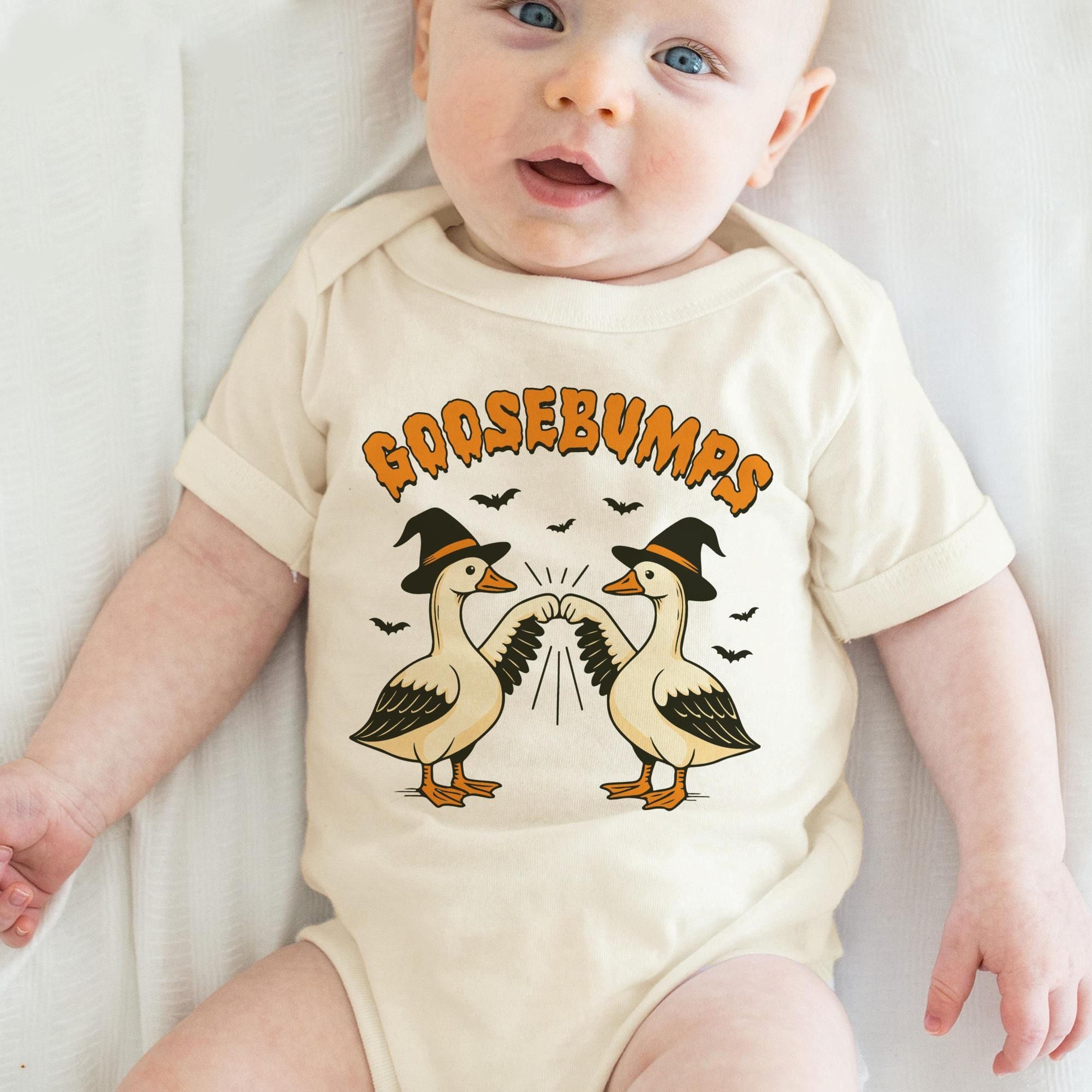 goosebumps baby halloween onesie, funny goose halloween bodysuit, first halloween baby outfit, cute goose lover gift