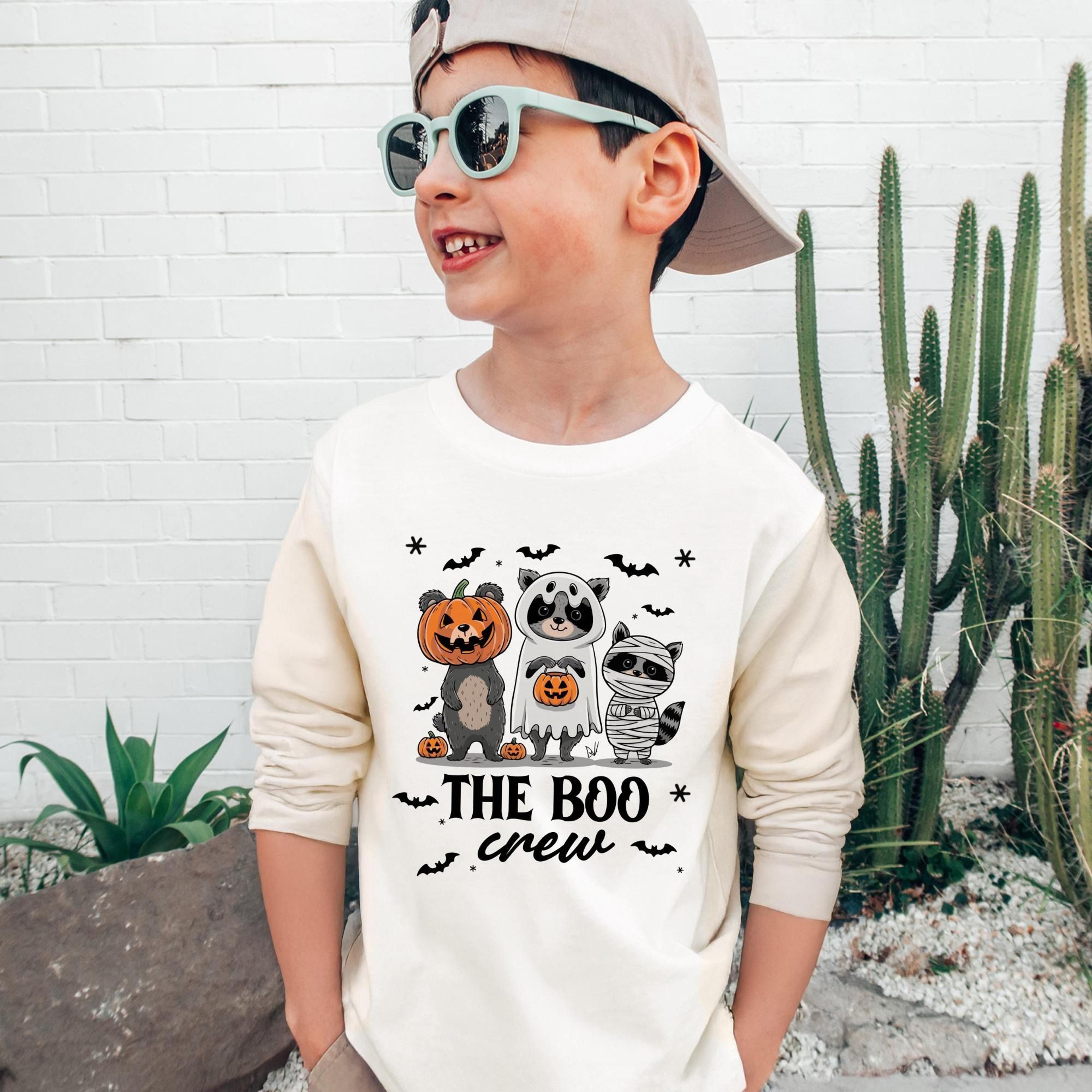 the boo crew baby onesie, cute halloween animal bodysuit, first halloween baby outfit, raccoon ghost pumpkin shirt