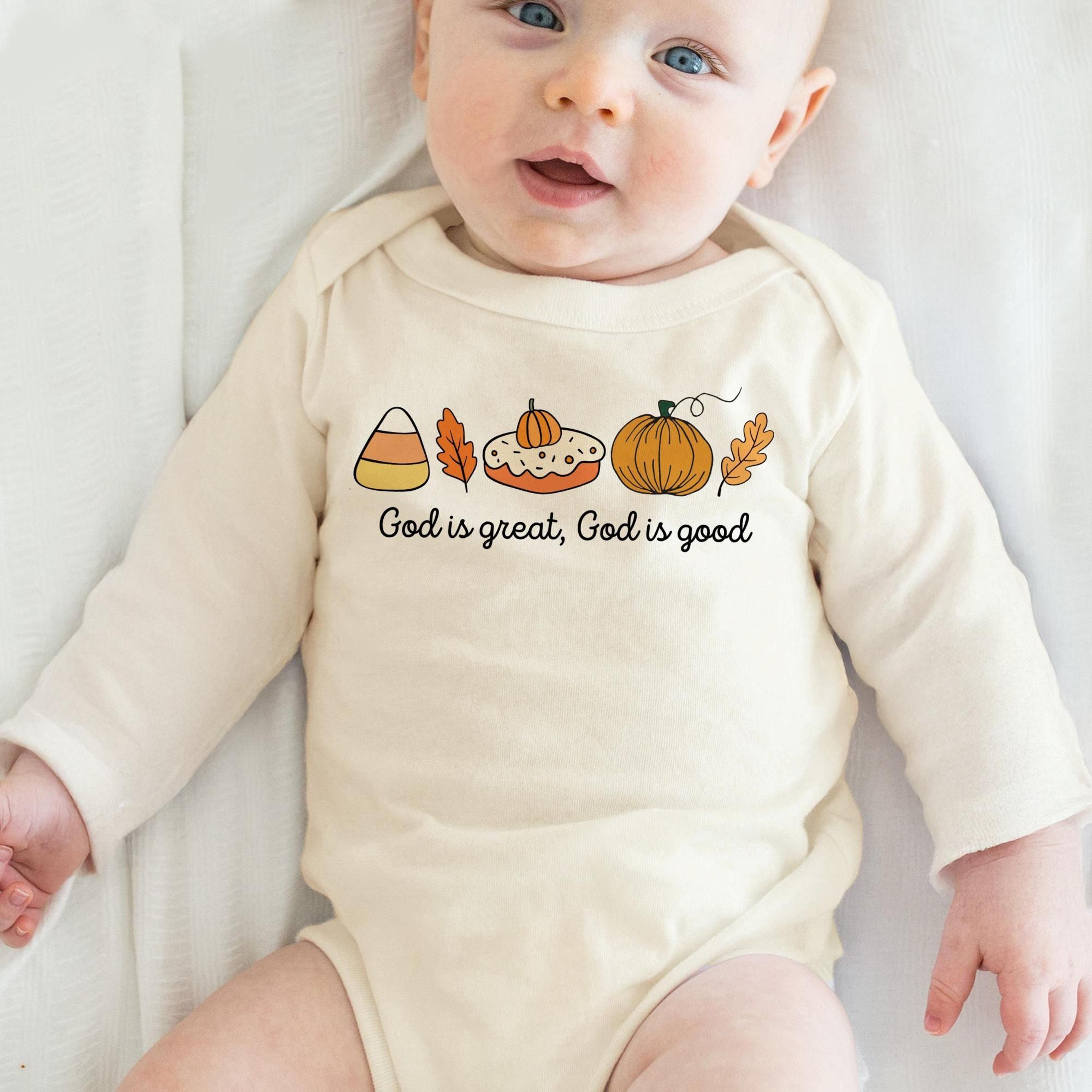 god is great god is good baby onesie, christian thanksgiving baby outfit, first thanksgiving bodysuit, faith based fall
