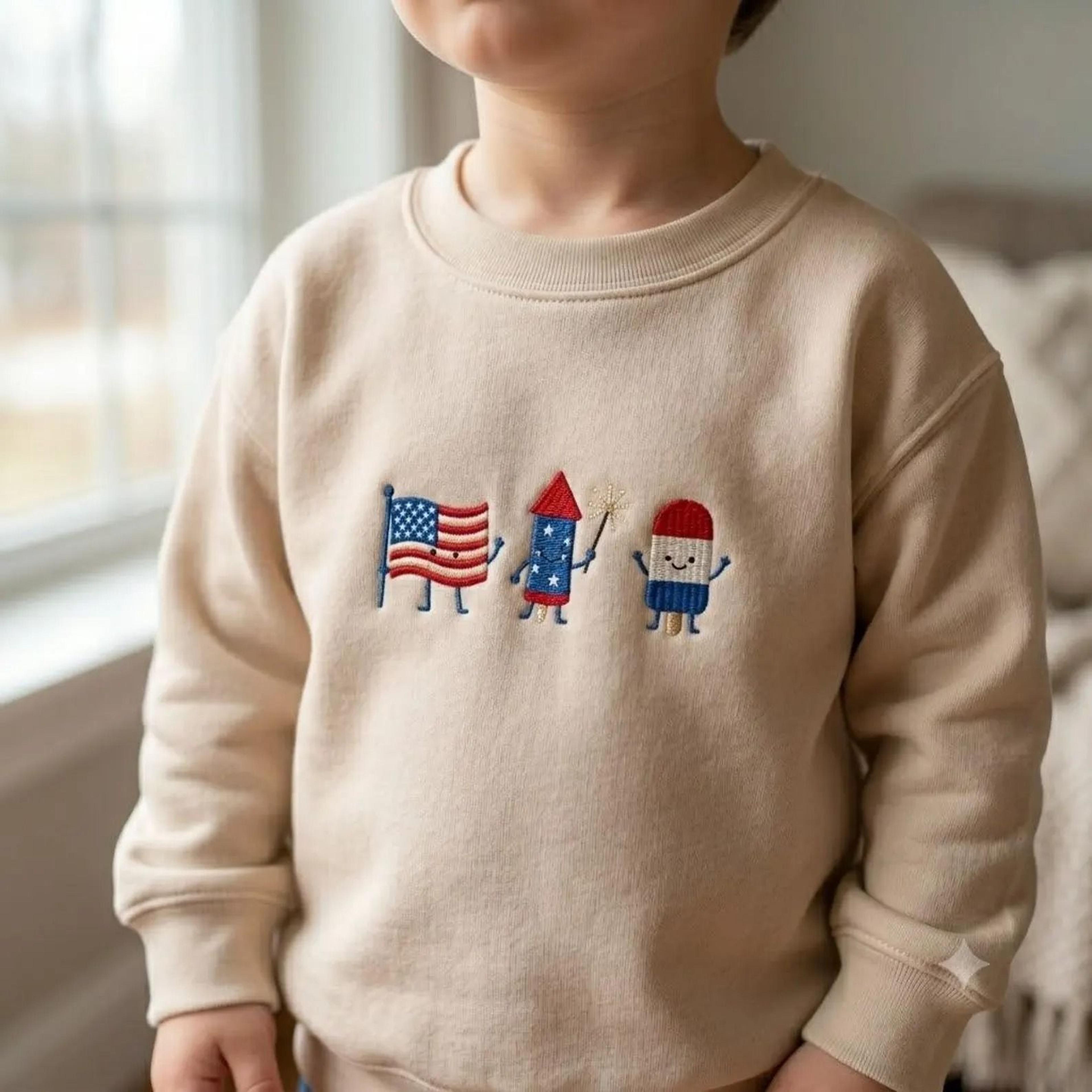 patriotic embroidered youth sweatshirt, fourth of july kids sweatshirt, usa embroidered crewneck, american flag youth