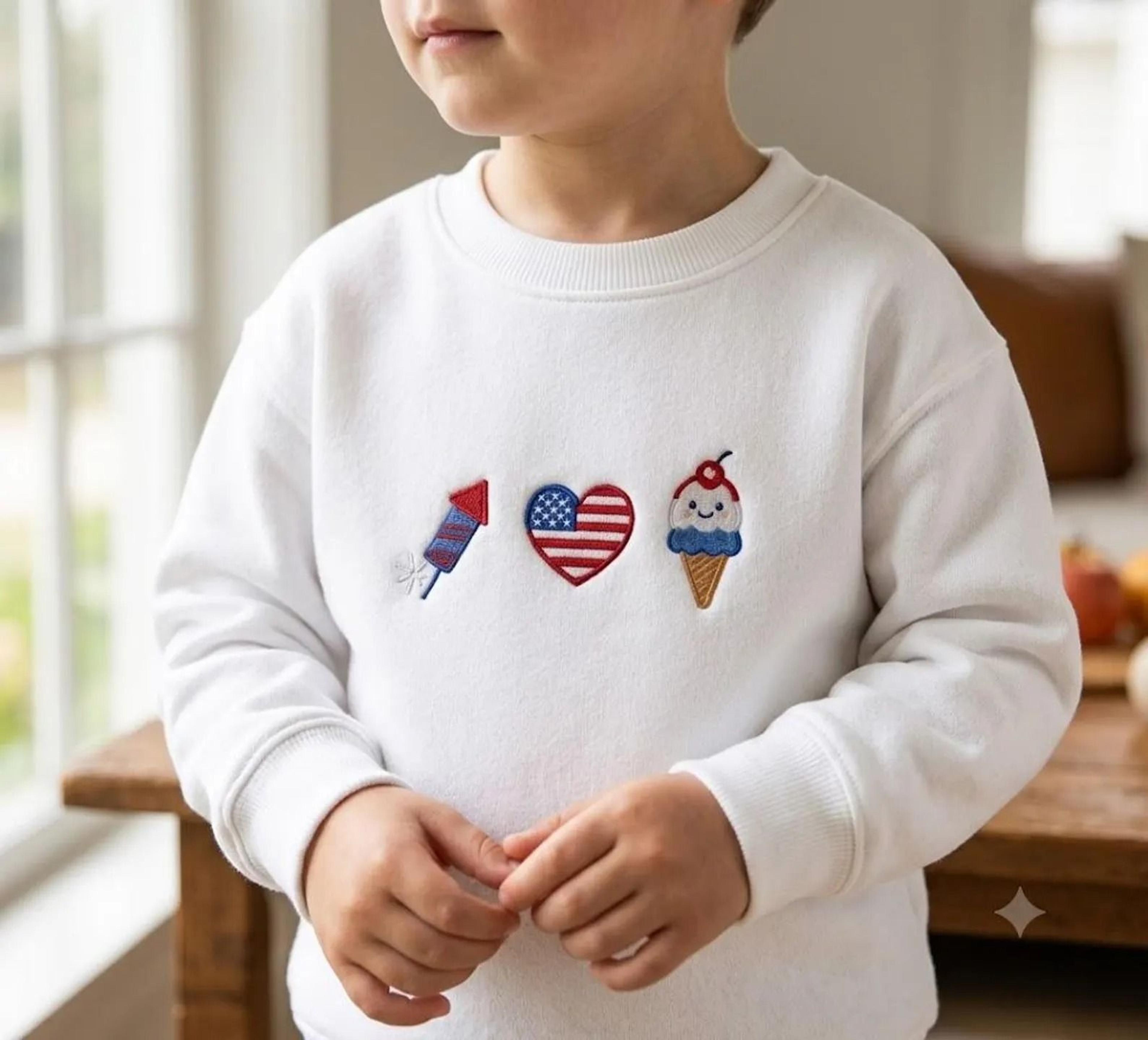 patriotic embroidered youth sweatshirt, fourth of july kids crewneck, usa embroidered sweatshirt, american flag heart
