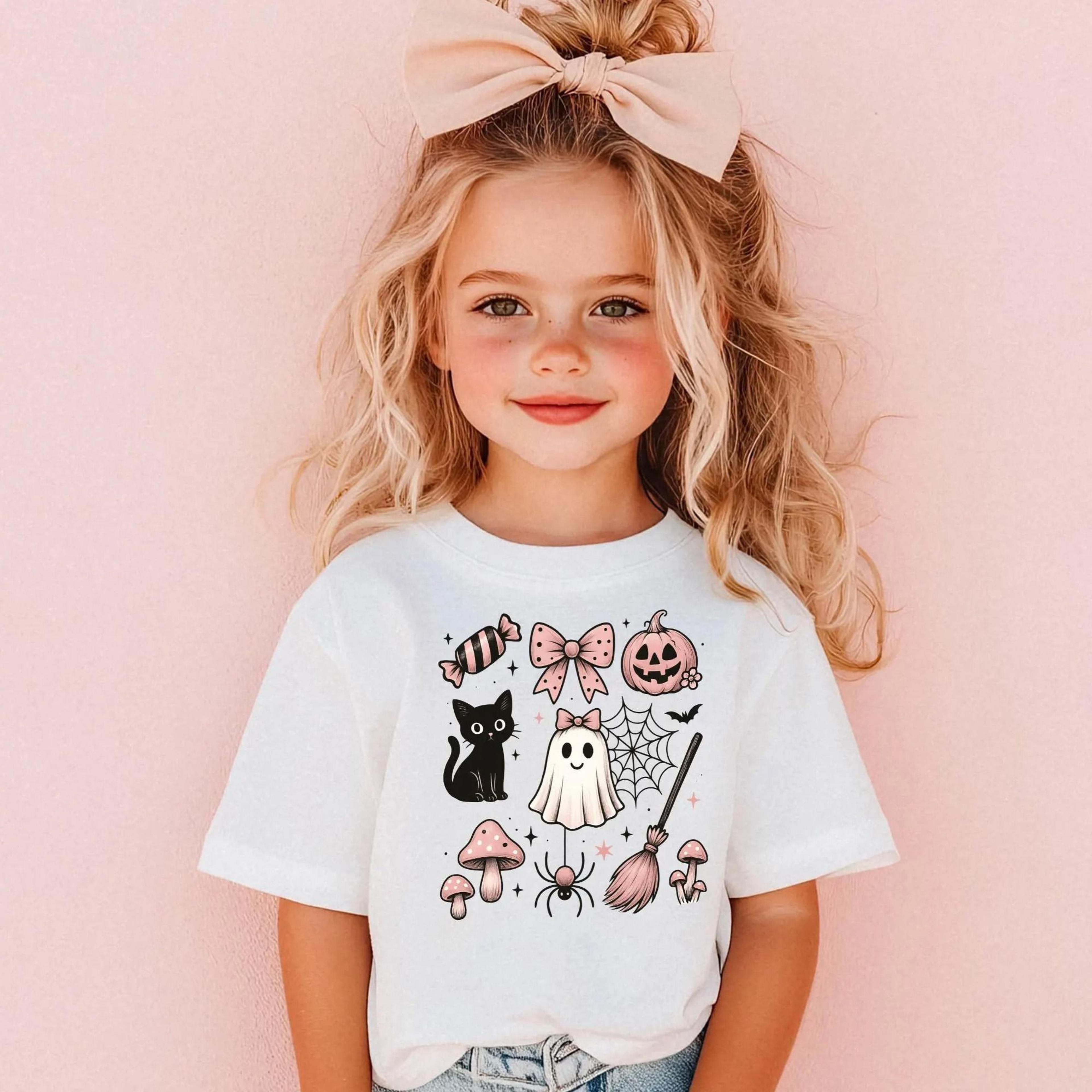 cute pink halloween toddler shirt, coquette ghost shirt, spooky cute kids tee, black cat halloween shirt, pink pumpkin