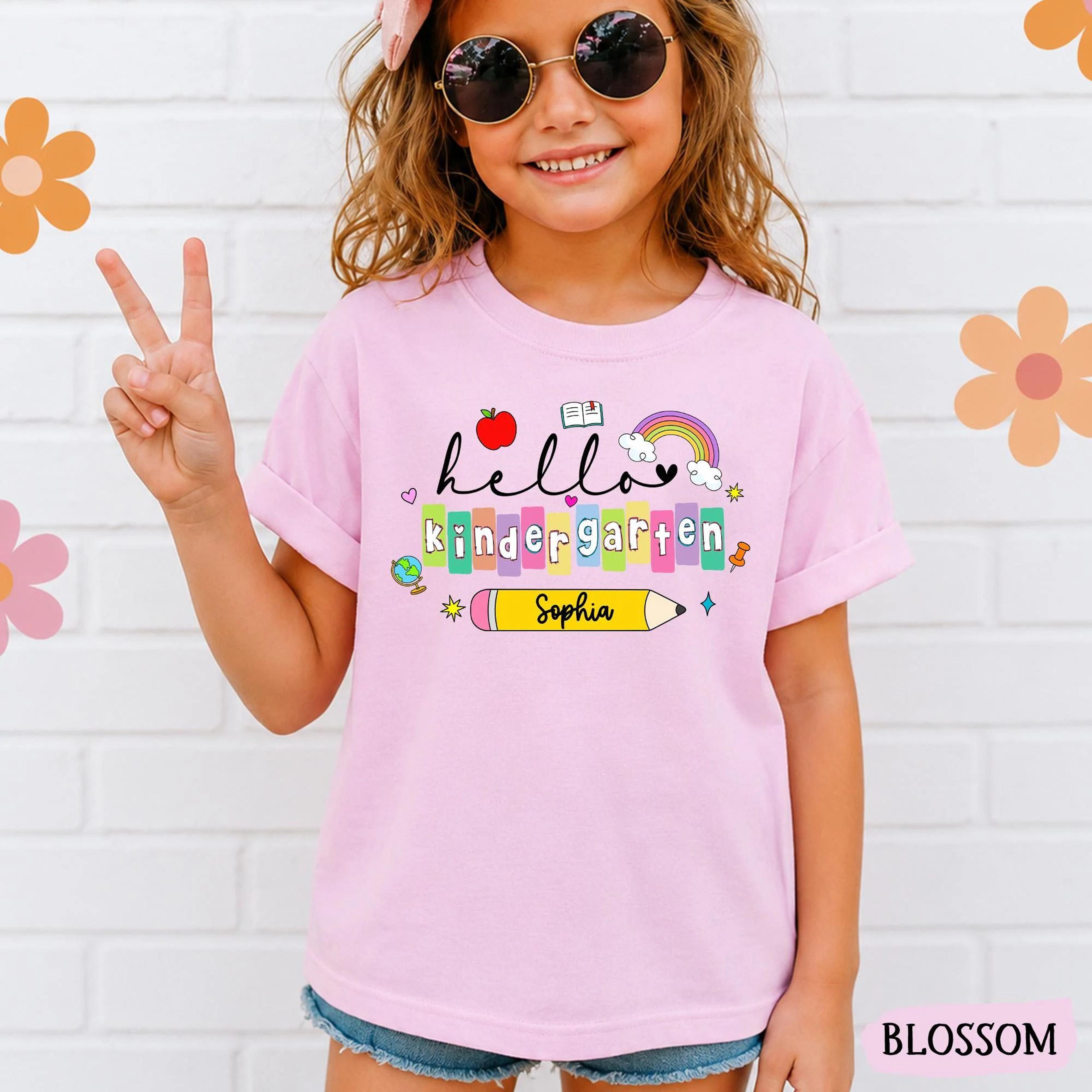 personalized hello kindergarten youth t-shirt, custom back to school shirt, first day of kindergarten tee, student name