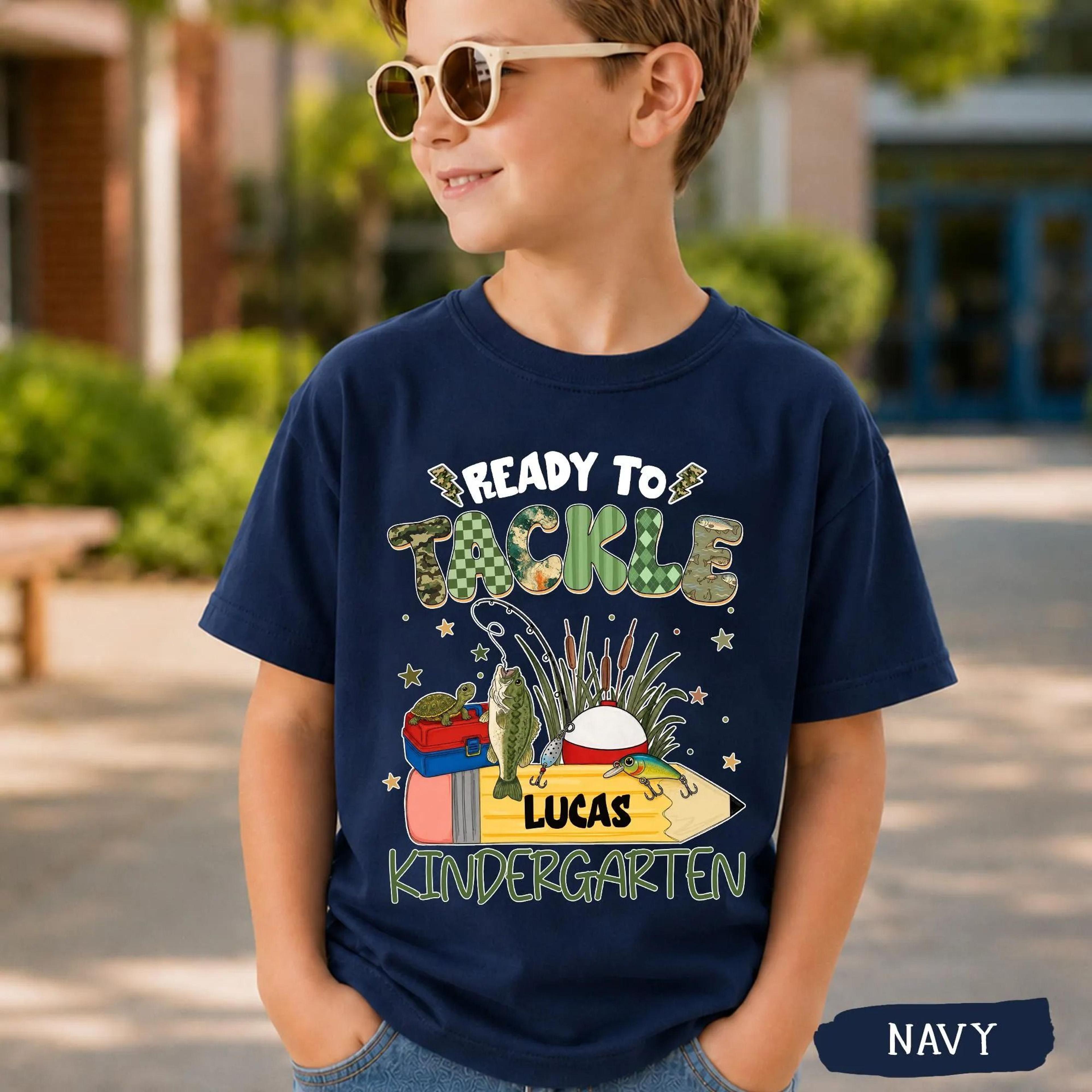 personalized ready to tackle kindergarten youth t-shirt, custom fishing back to school shirt, first day of kindergarten