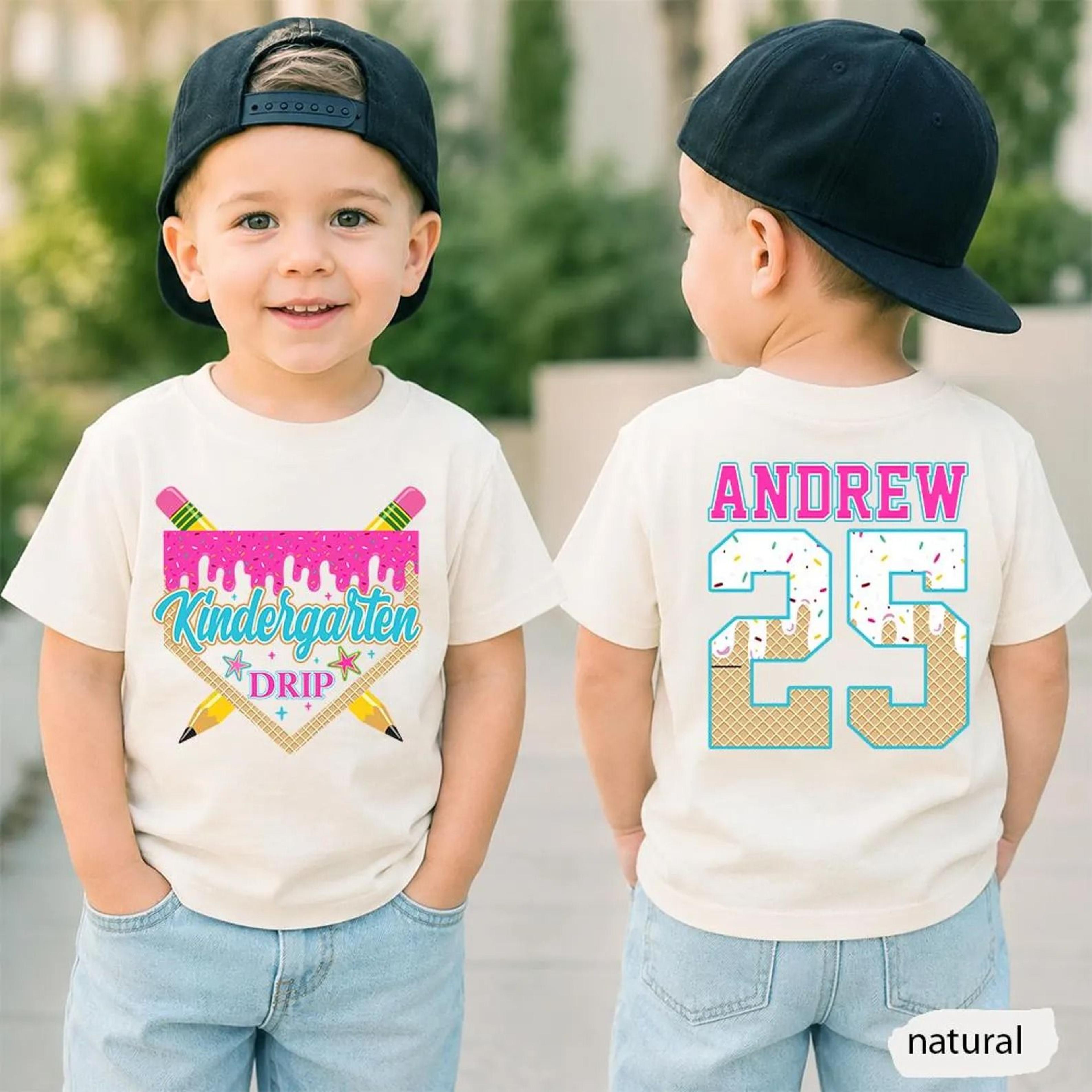 personalized kindergarten drip youth t-shirt, custom front & back school shirt, first day of kindergarten tee