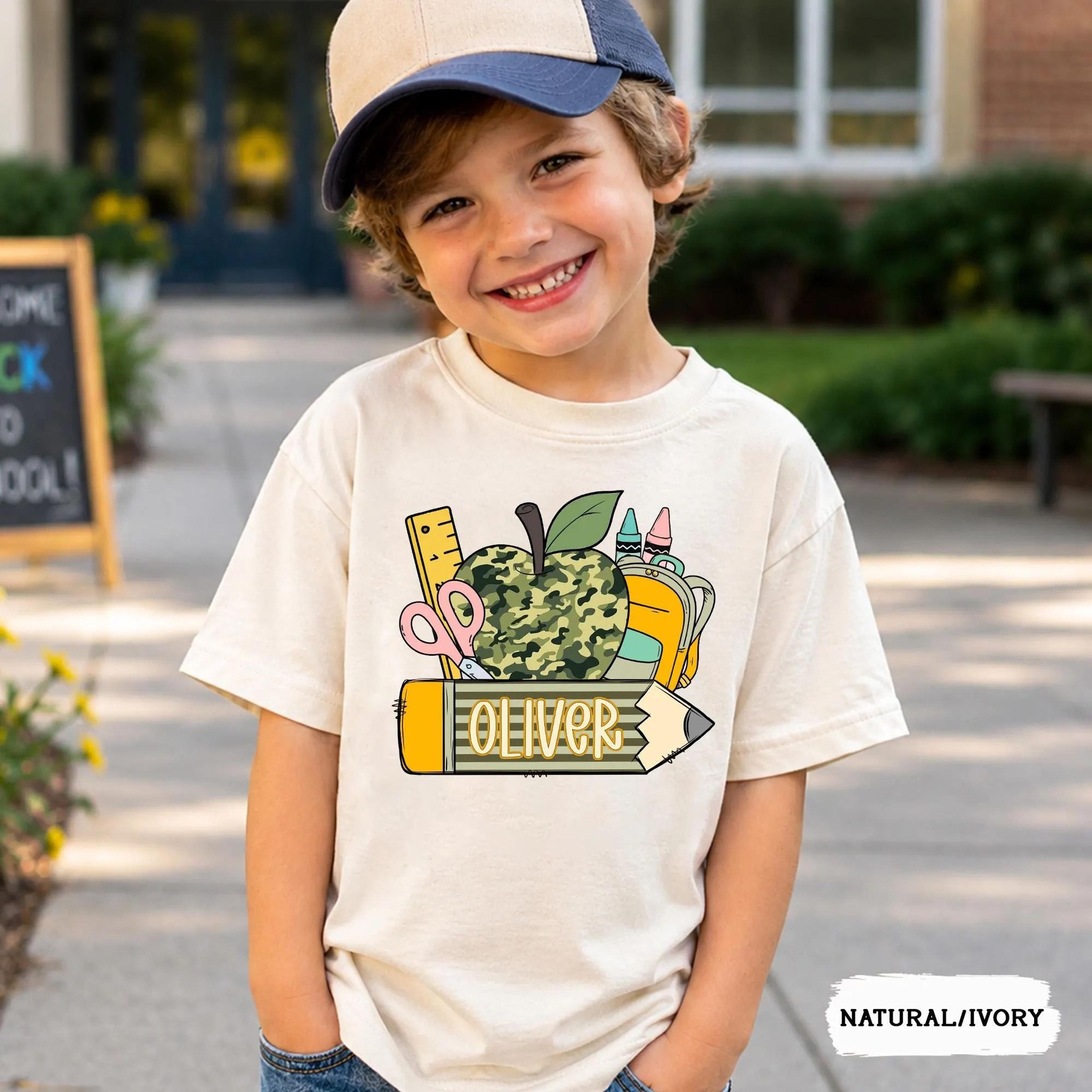 personalized camo school supplies shirt, custom name back to school t-shirt, kids school shirt, first day of school tee