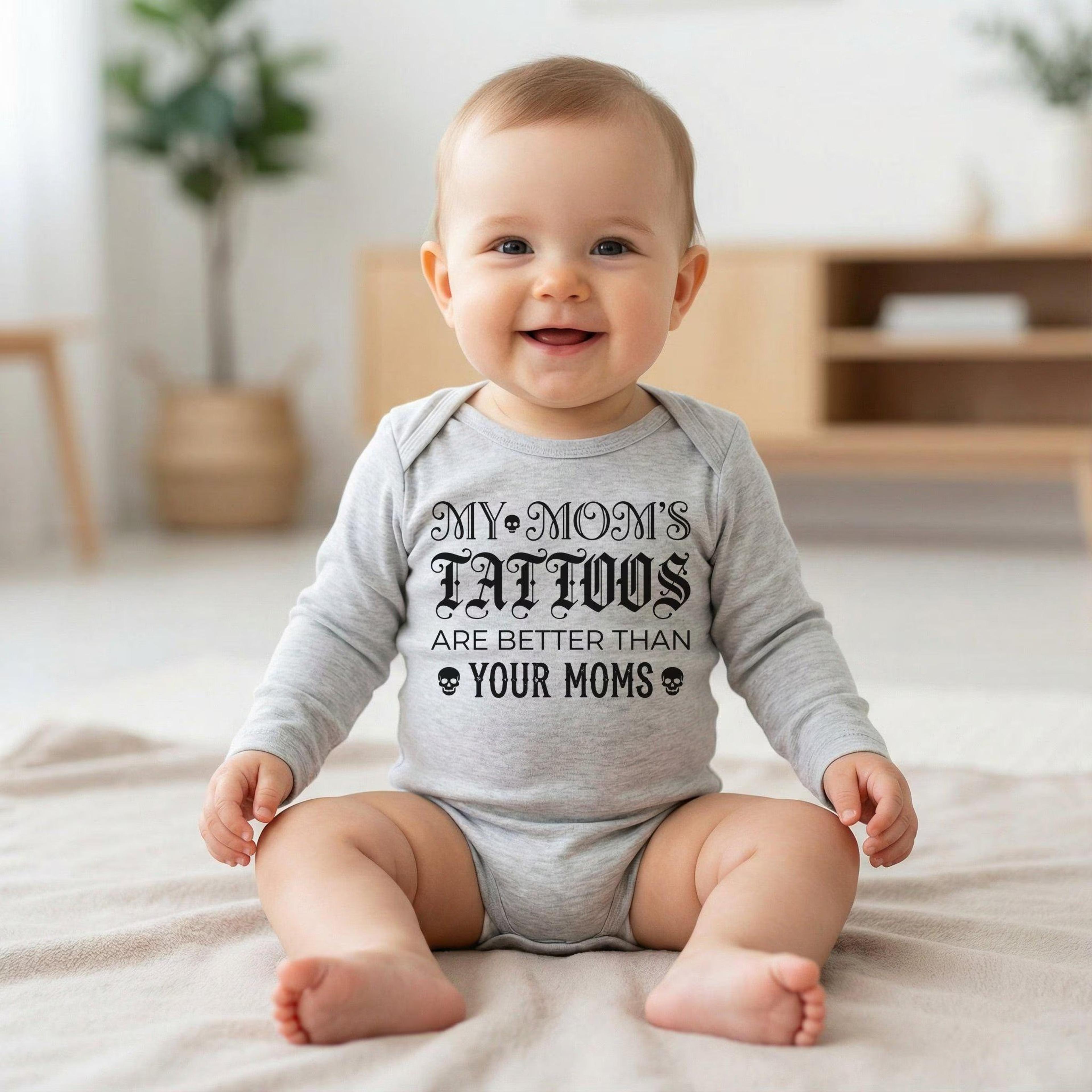 my mom's tattoos are better than your mom's baby romper, funny baby t-shirt, tattoo baby bodysuit, baby shower gift