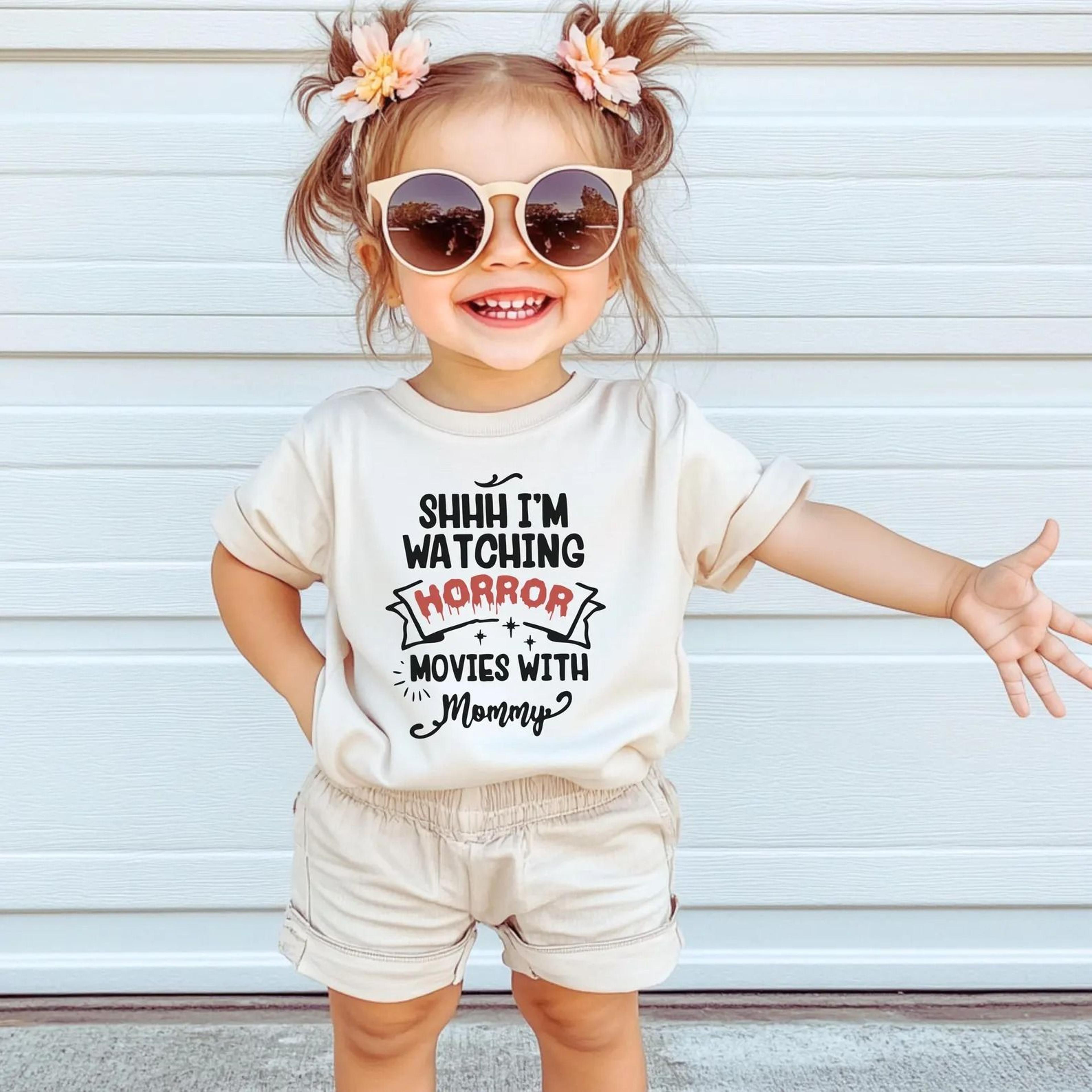shhh i'm watching horror movies with mommy baby romper, funny baby t-shirt, halloween baby bodysuit, baby shower gift